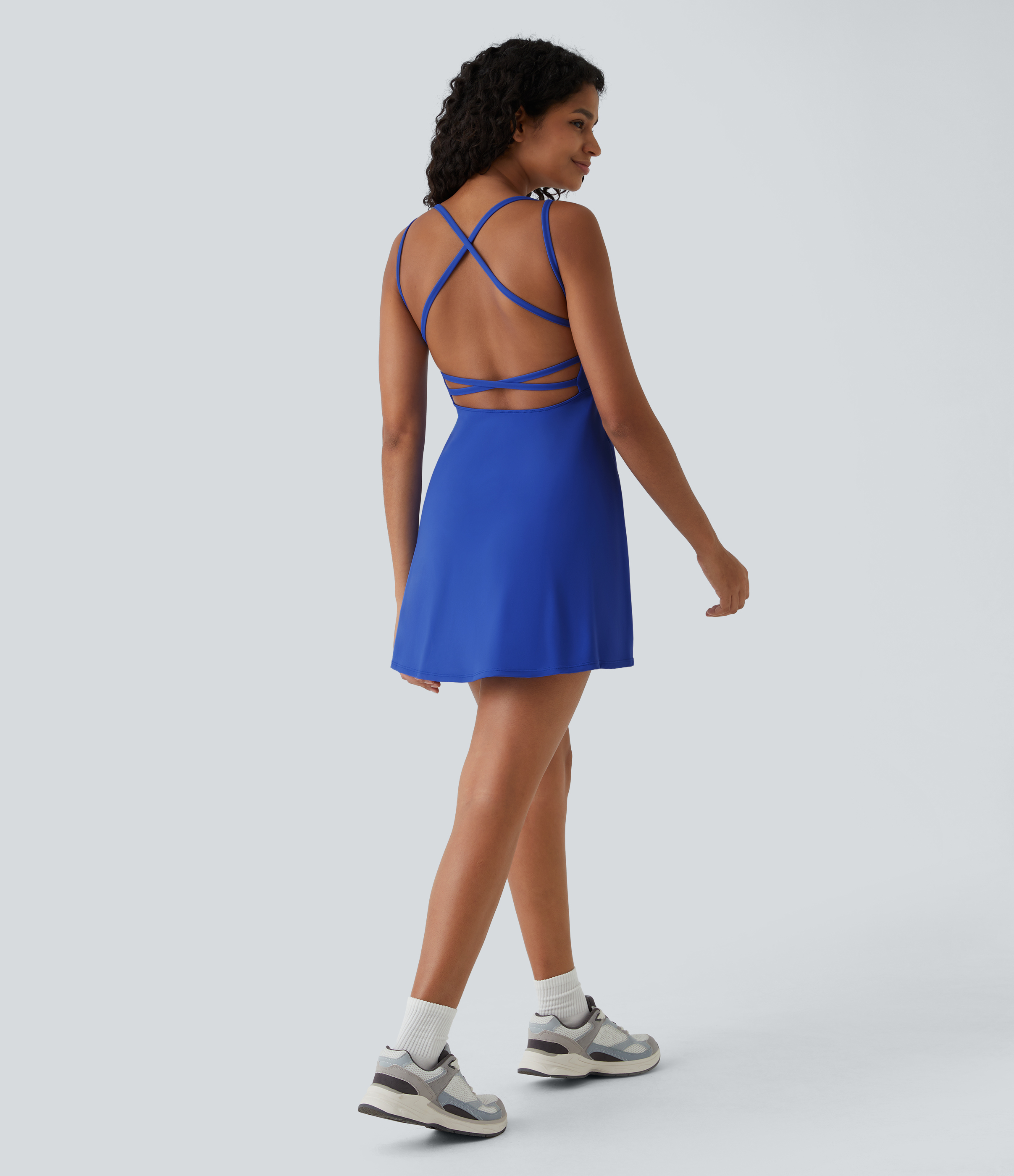 Halara Everyday Crisscross Backless Barre Ballet Dance Flared Dress-No Liner Shorts Workout Dress - Aster Blue - XS 