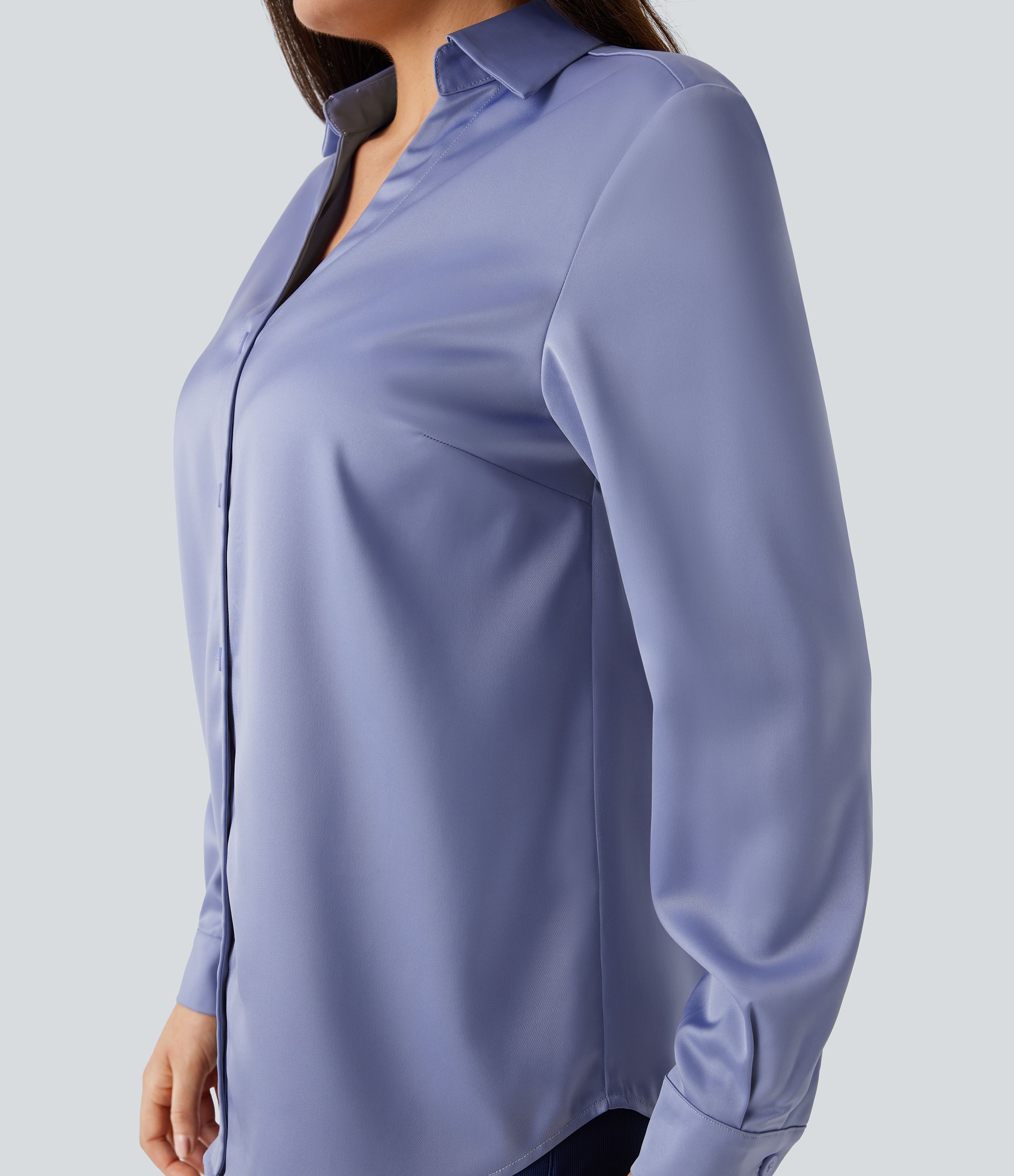 Halara Collared Button Long Sleeve Curved Hem Satin Work Shirt  - Country Blue - XL 