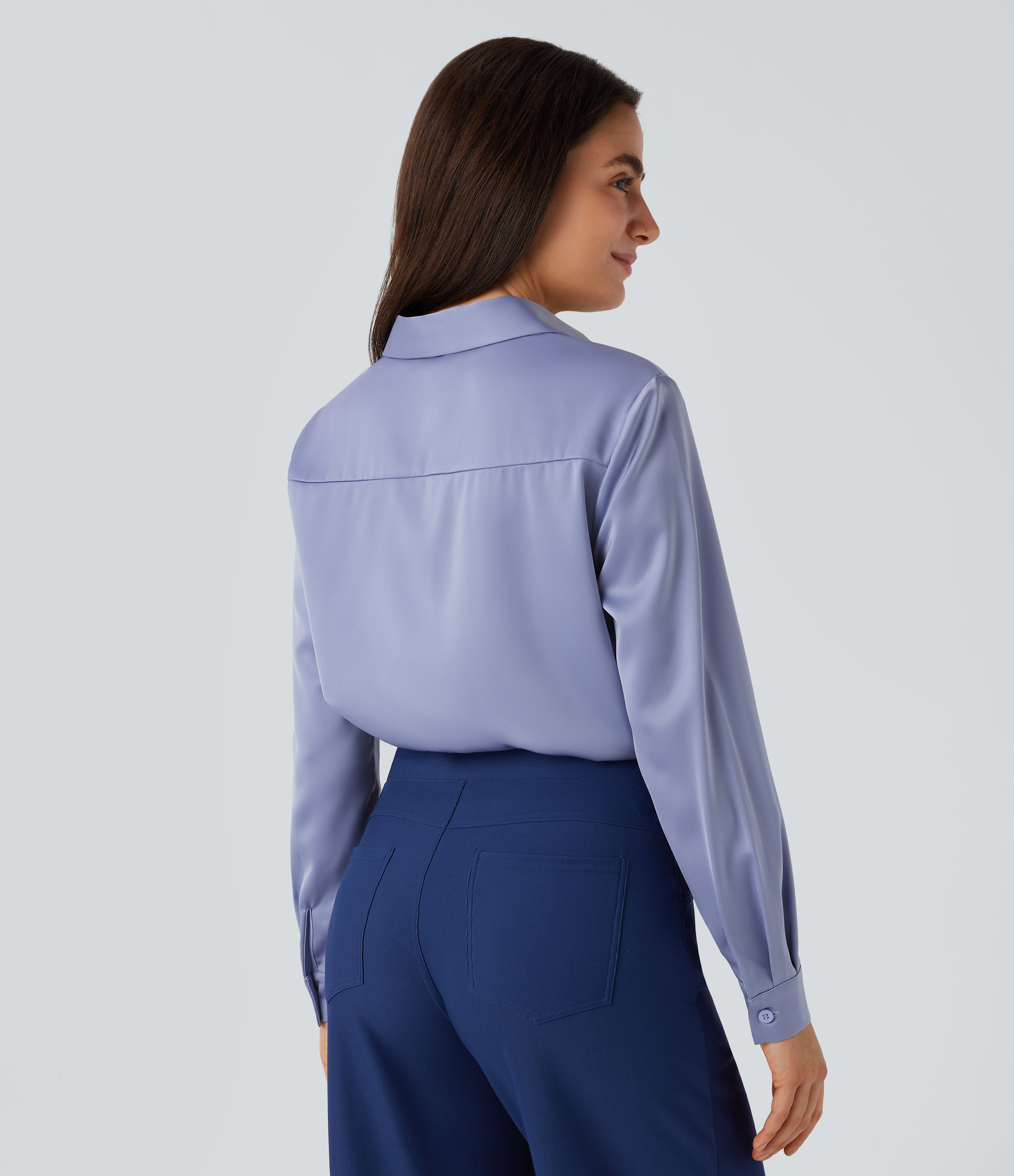 Halara Collared Button Long Sleeve Curved Hem Satin Work Shirt  - Country Blue - XL 
