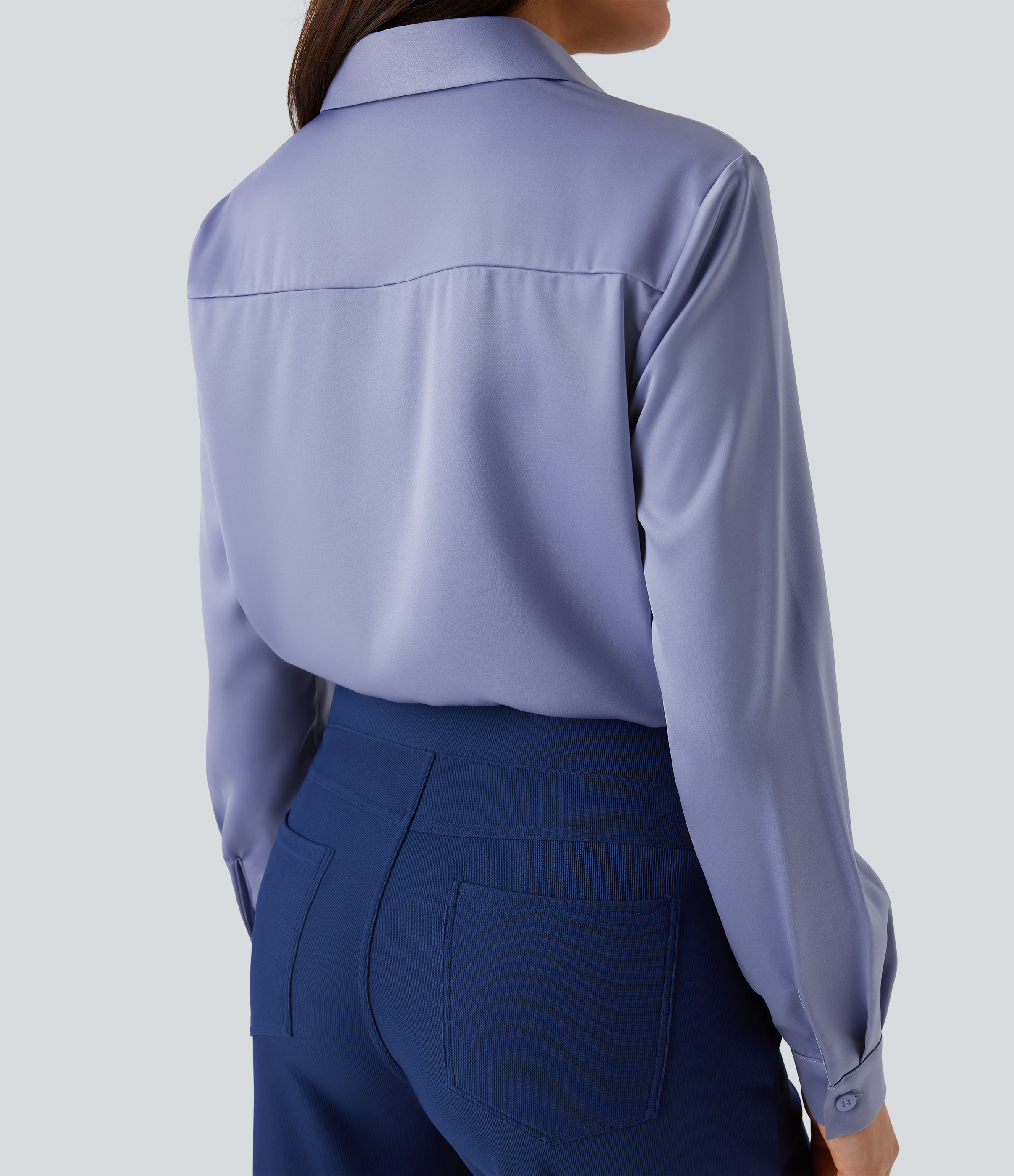 Halara Collared Button Long Sleeve Curved Hem Satin Work Shirt  - Country Blue - XL 