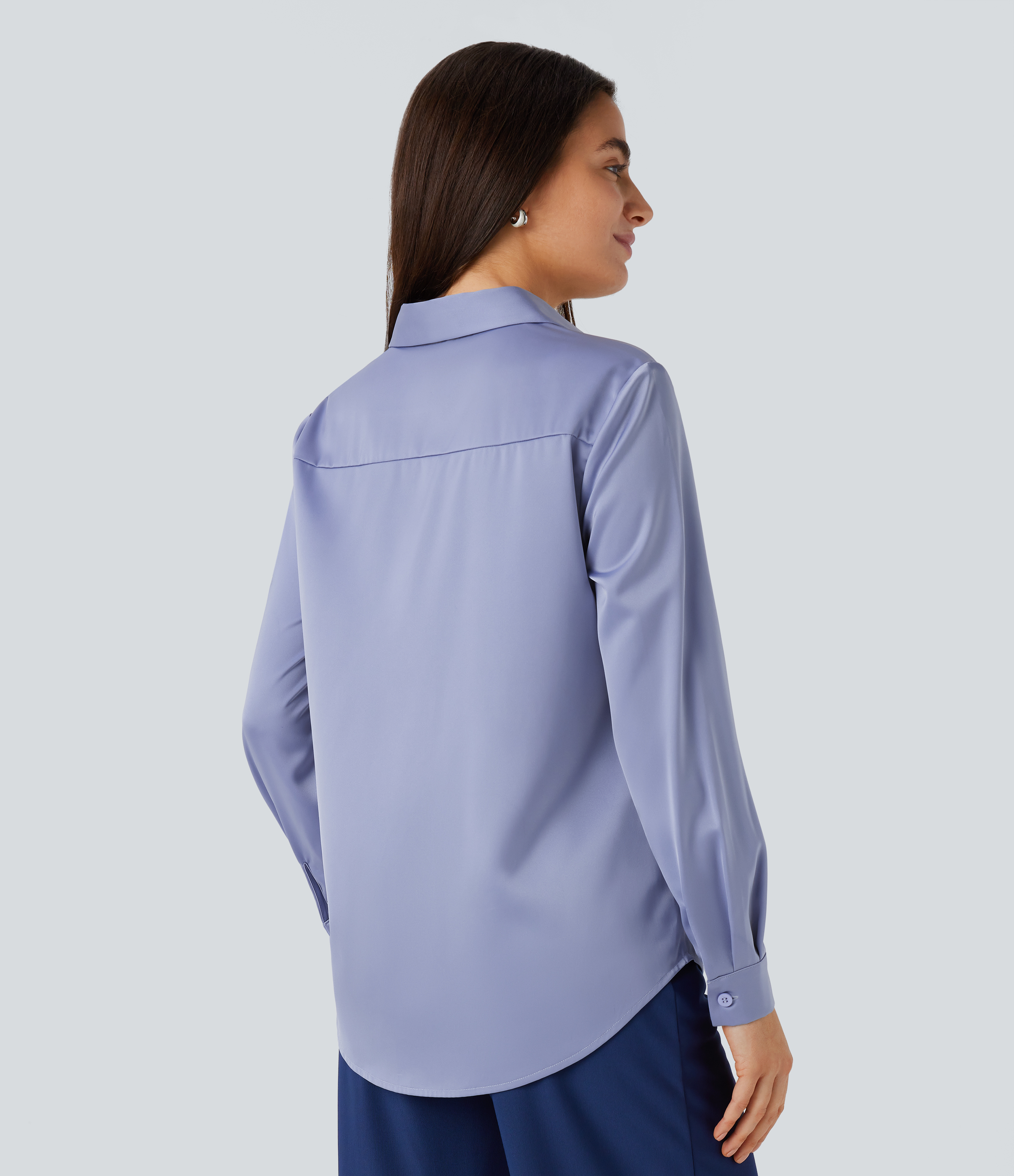 Halara Collared Button Long Sleeve Curved Hem Satin Work Shirt  - Country Blue - XL 