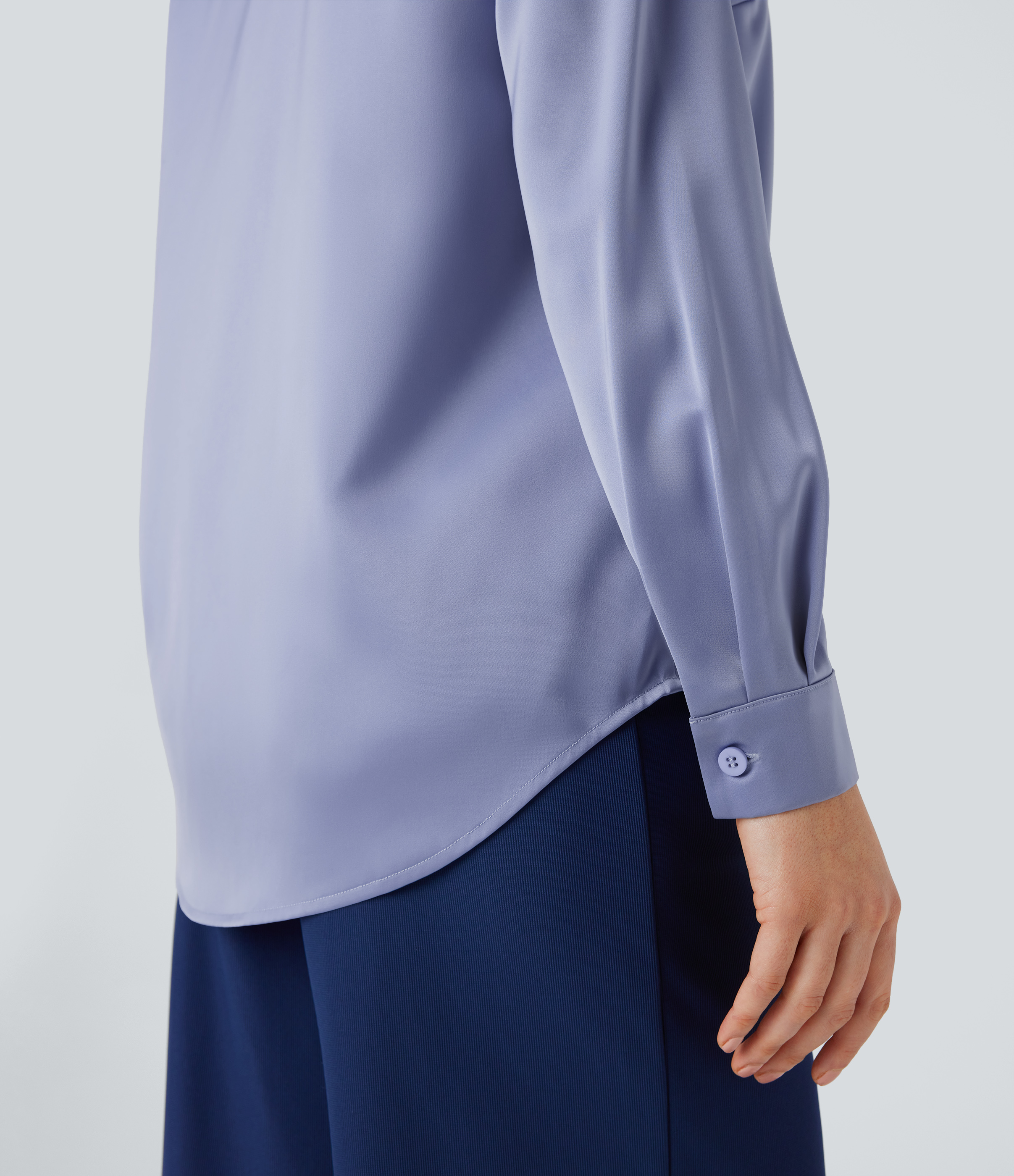 Halara Collared Button Long Sleeve Curved Hem Satin Work Shirt  - Country Blue - XL 