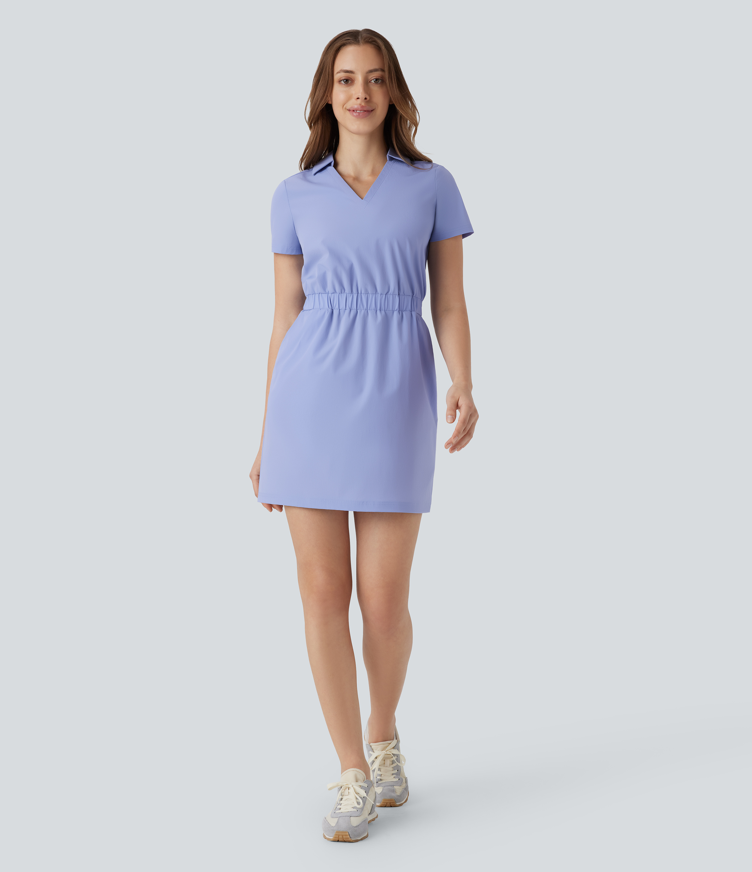 Halara Water Repellent Wear-Resistant V Neck Multiple Pockets Mini Hiking Active Dress Workout Dress - Azure Haze - S 