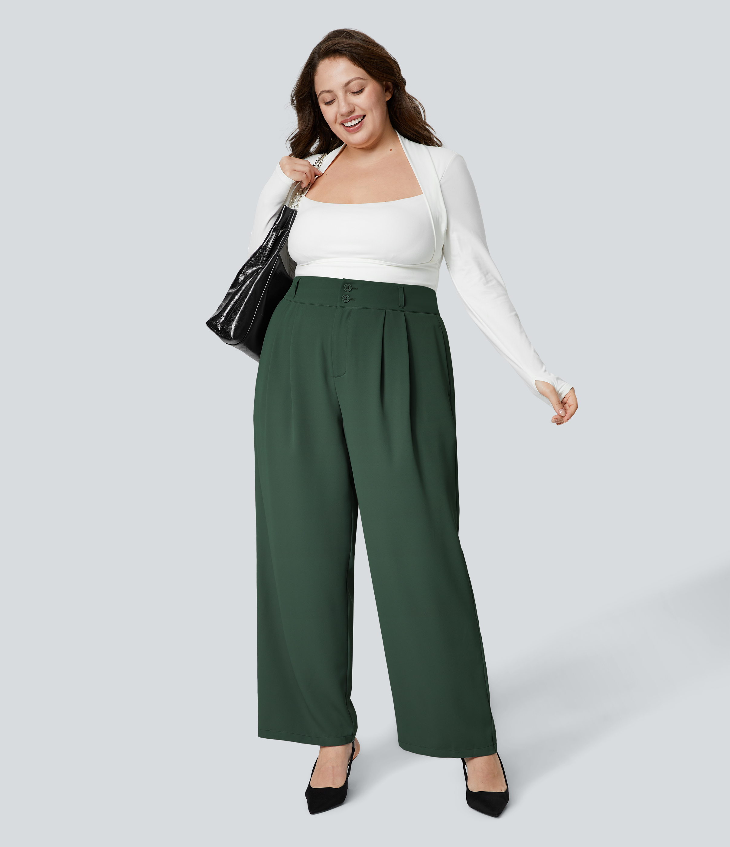 Halara High Waisted Button Zipper Side Pocket Shirred Straight Leg Work Plus Size Pants  - Dark Green - 3X(regular) sweatpants jogger pants 