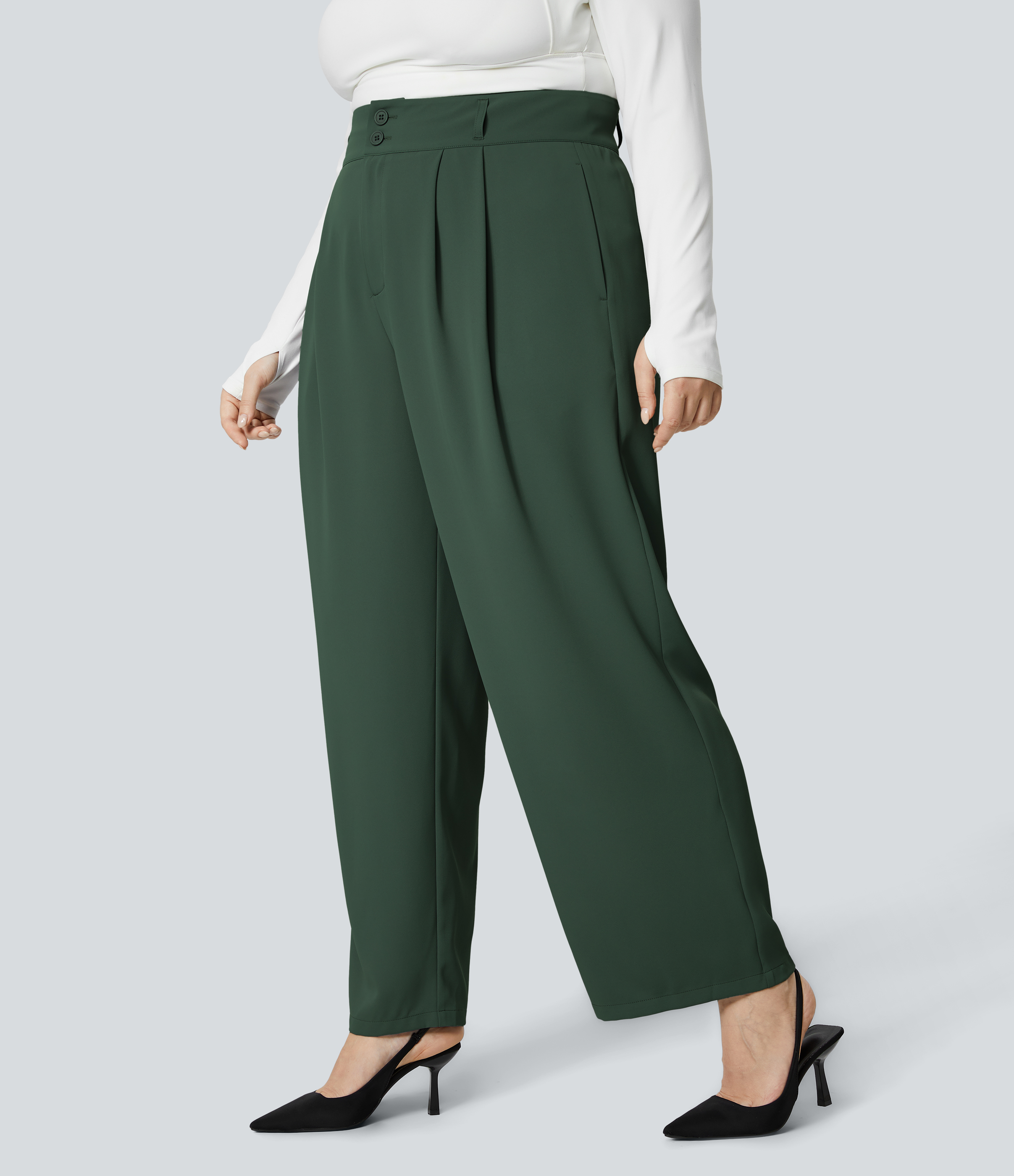 Halara High Waisted Button Zipper Side Pocket Shirred Straight Leg Work Plus Size Pants  - Dark Green - 3X(regular) sweatpants jogger pants 