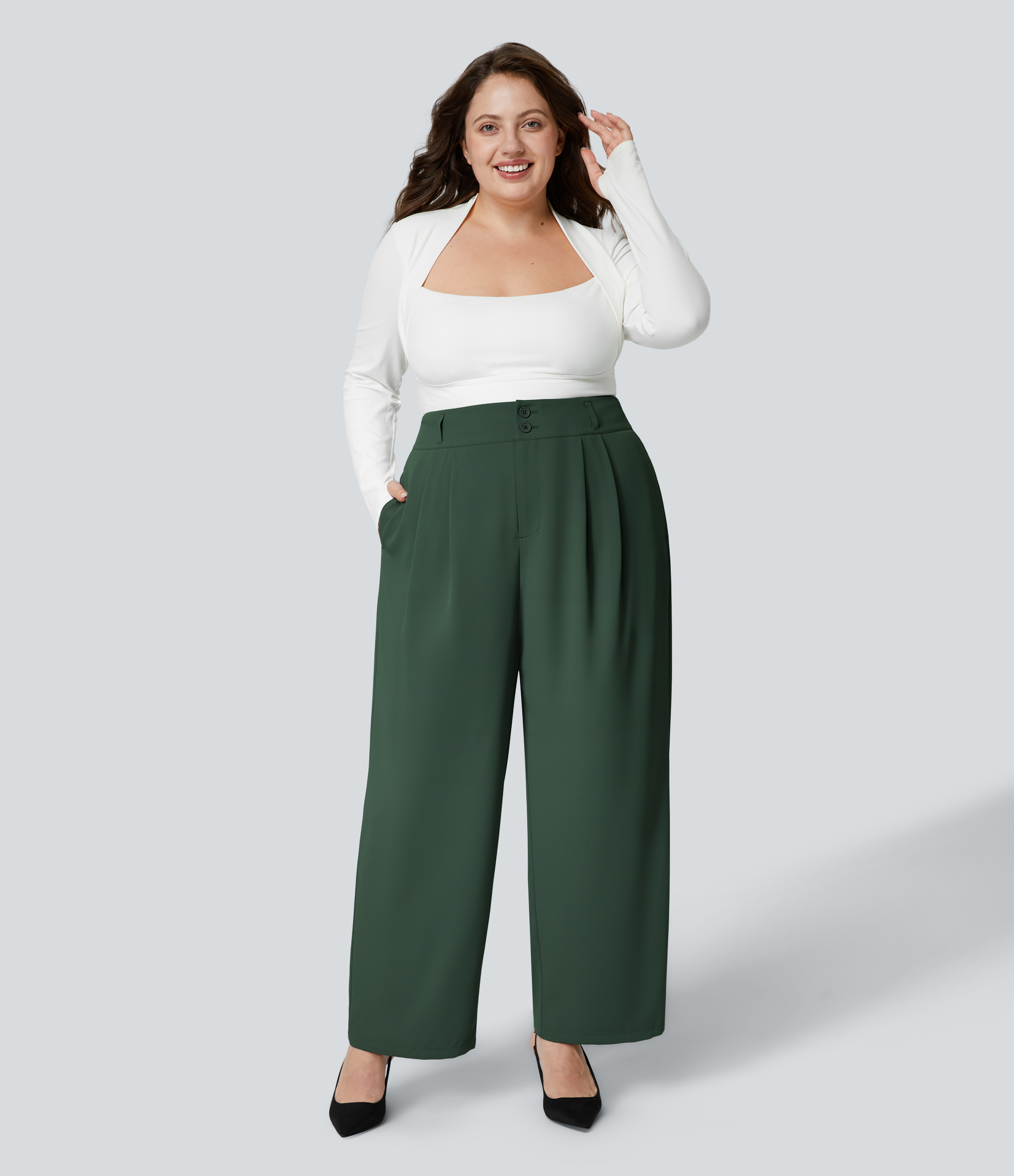 Halara High Waisted Button Zipper Side Pocket Shirred Straight Leg Work Plus Size Pants  - Dark Green - 3X(regular) sweatpants jogger pants 