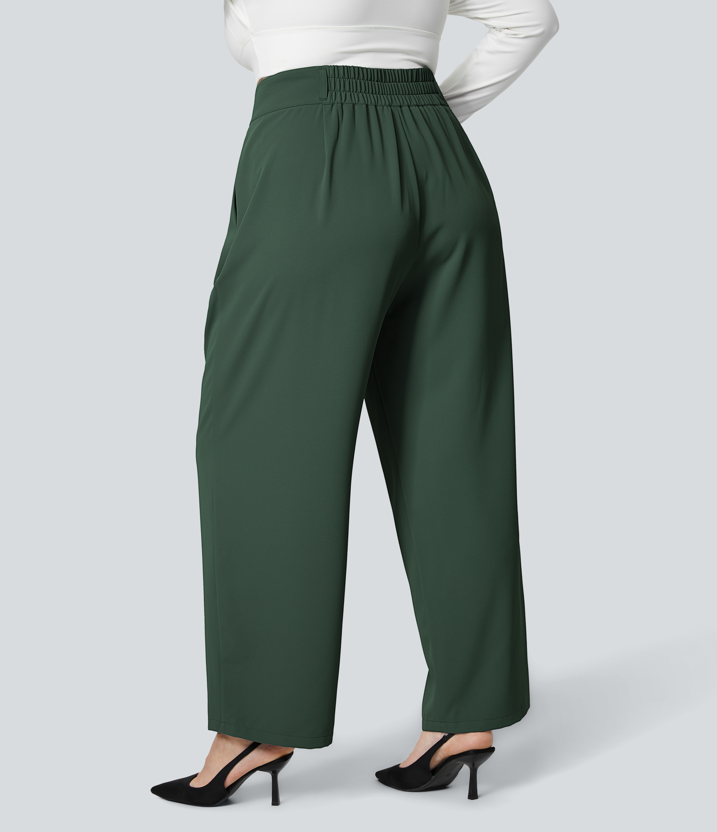 Halara High Waisted Button Zipper Side Pocket Shirred Straight Leg Work Plus Size Pants  - Dark Green - 3X(regular) sweatpants jogger pants 