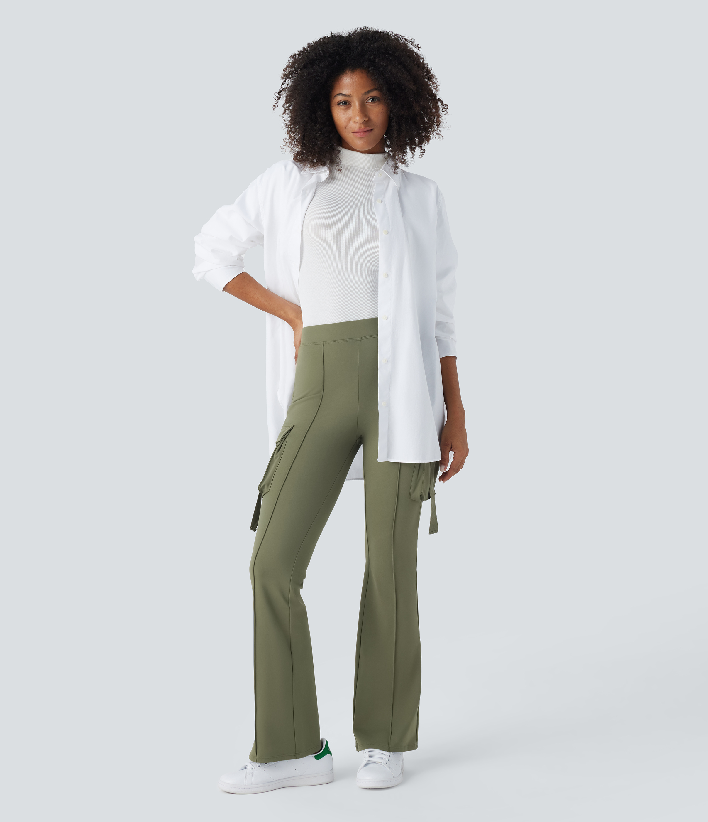 Halara Softlyzeroв„ў Fleece High Waisted Side Flap Pocket Cargo Flare Work Full Length Leggings  - Grass Grey Green - XS(regular) gym leggings 