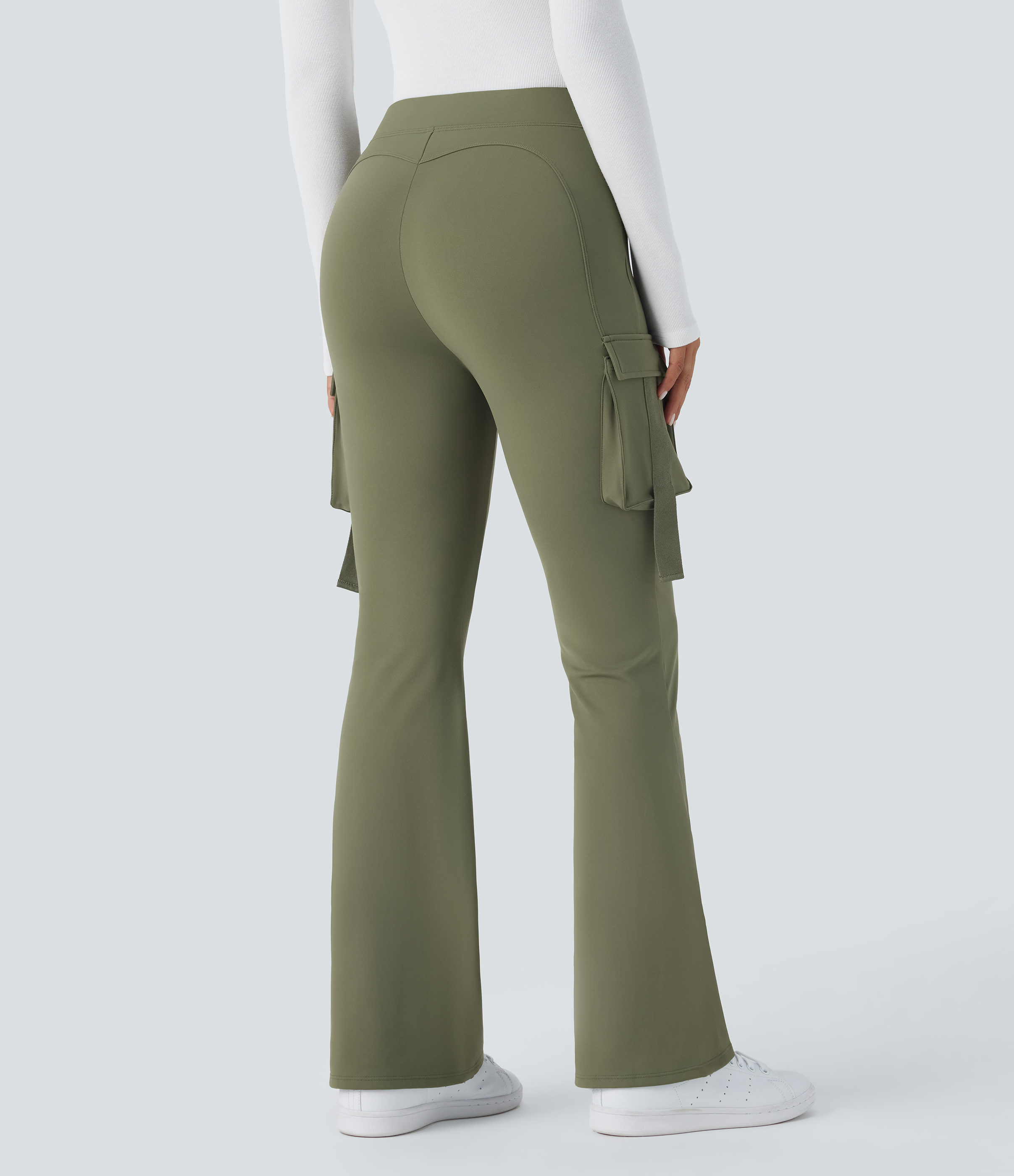 Halara Softlyzeroв„ў Fleece High Waisted Side Flap Pocket Cargo Flare Work Full Length Leggings  - Grass Grey Green - XS(regular) gym leggings 