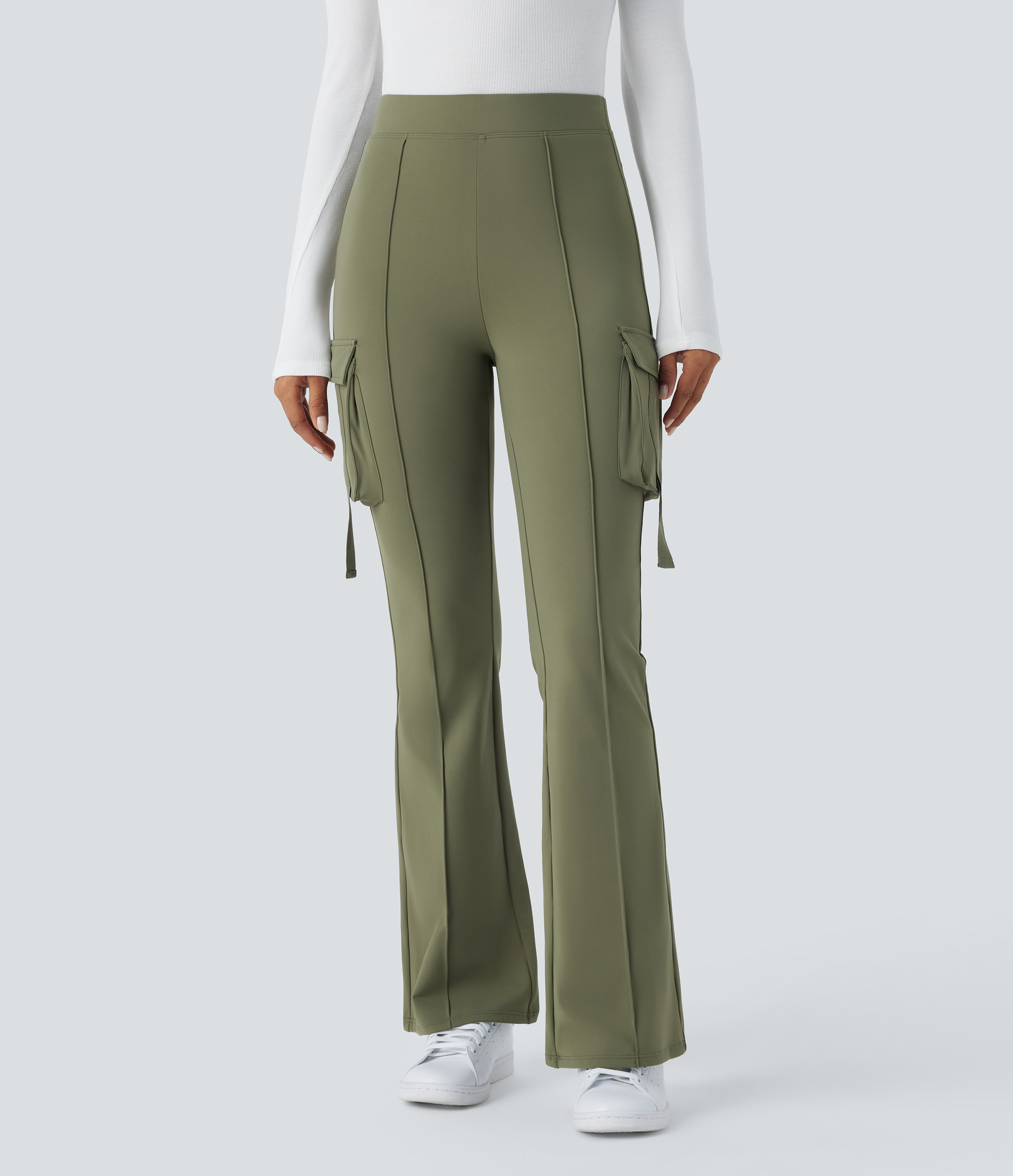 Halara Softlyzeroв„ў Fleece High Waisted Side Flap Pocket Cargo Flare Work Full Length Leggings  - Grass Grey Green - XS(regular) gym leggings 