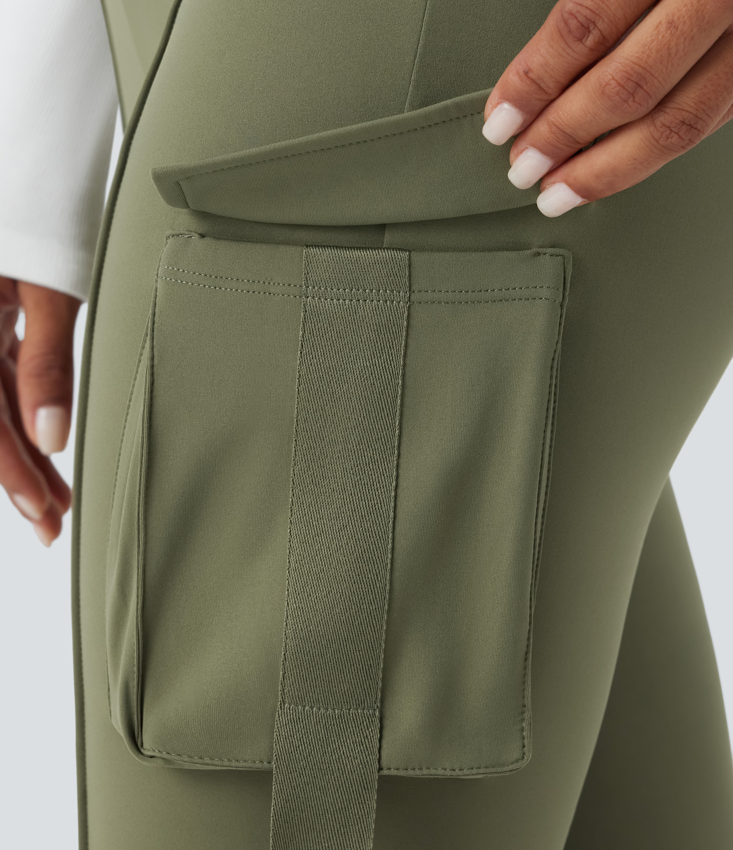 Halara Softlyzeroв„ў Fleece High Waisted Side Flap Pocket Cargo Flare Work Full Length Leggings  - Grass Grey Green - XS(regular) gym leggings 