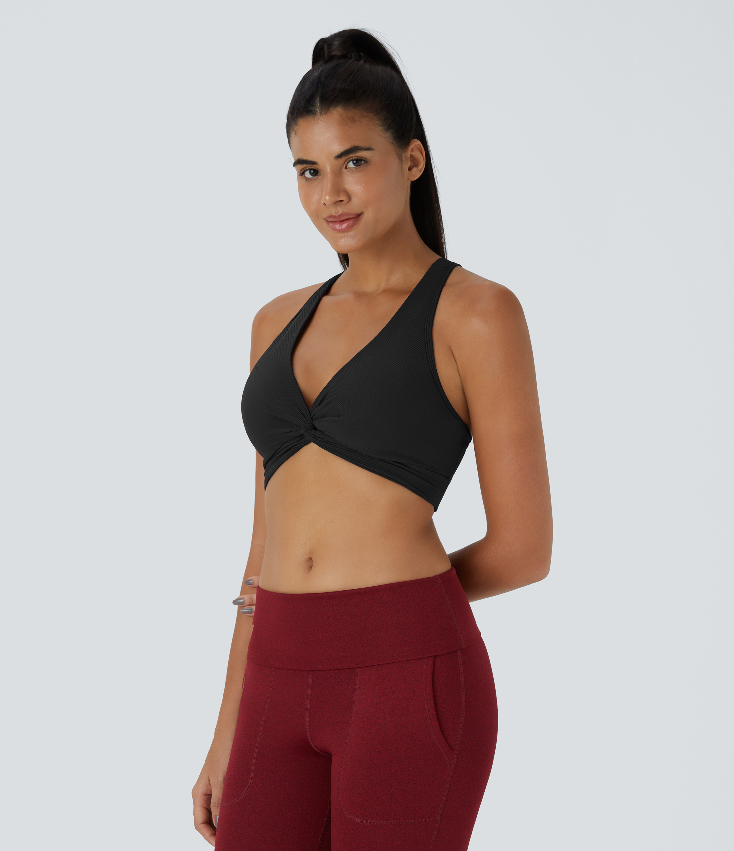 Halara Medium Support Ribbed Twisted Backless Crisscross Workout Sports Bra  - Black - L push up bra strapless bra backless bra sticky bra 