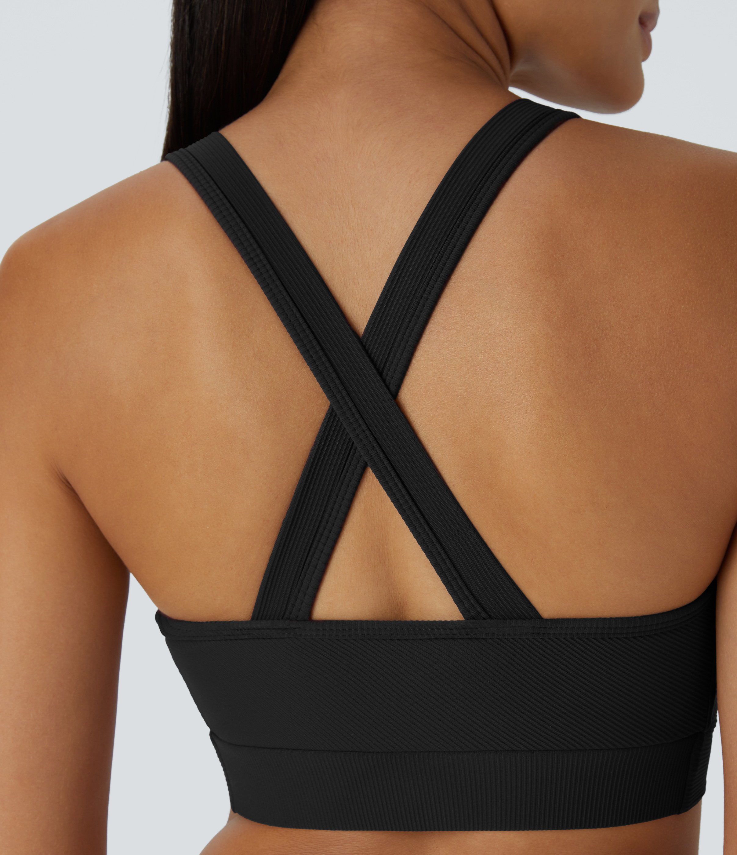 Halara Medium Support Ribbed Twisted Backless Crisscross Workout Sports Bra  - Black - L push up bra strapless bra backless bra sticky bra 