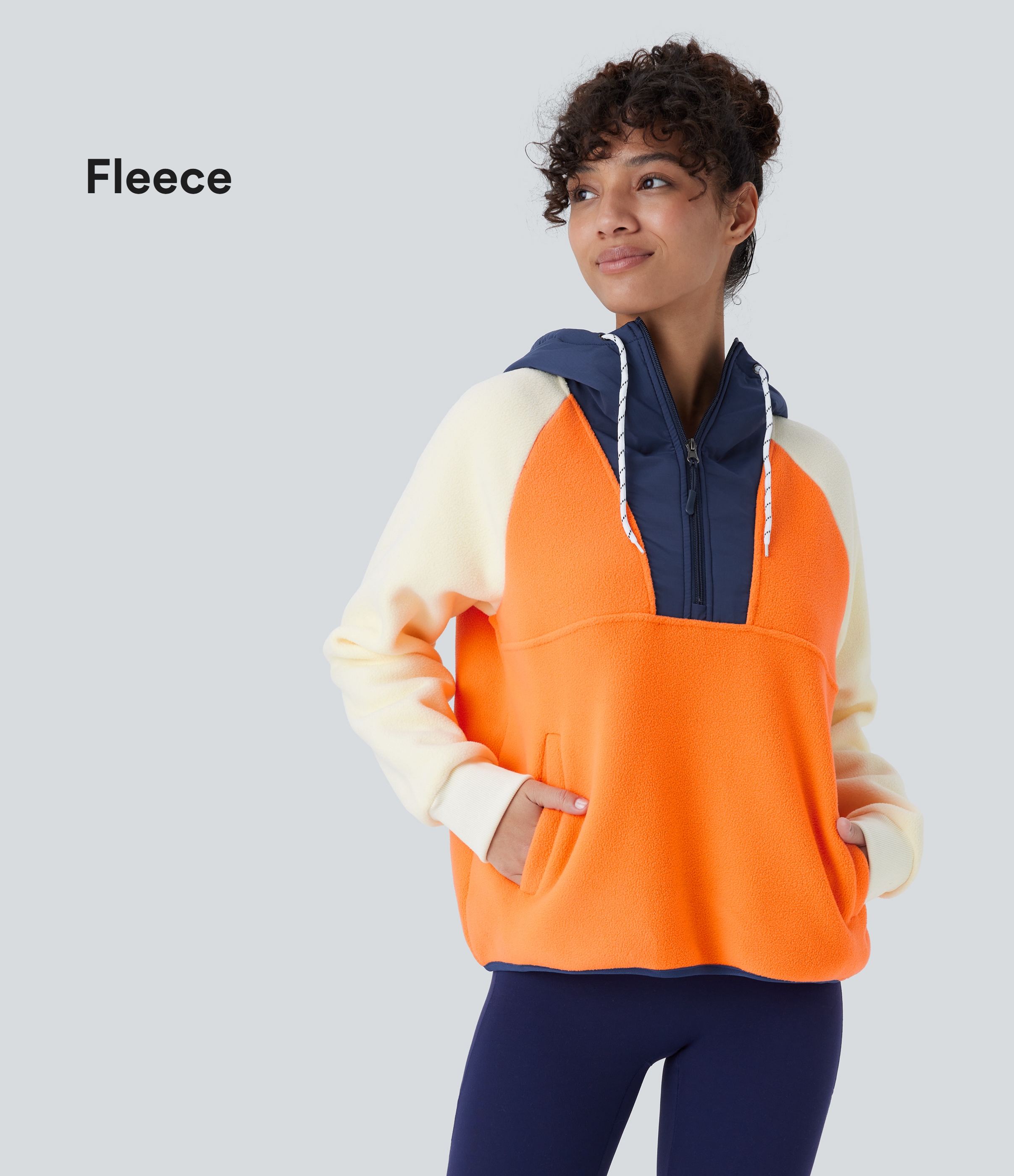 Halara Hooded Drawstring Half Zip Long Sleeve Side Pocket Color Block Fleece Hiking Jacket  - Orange - XL 