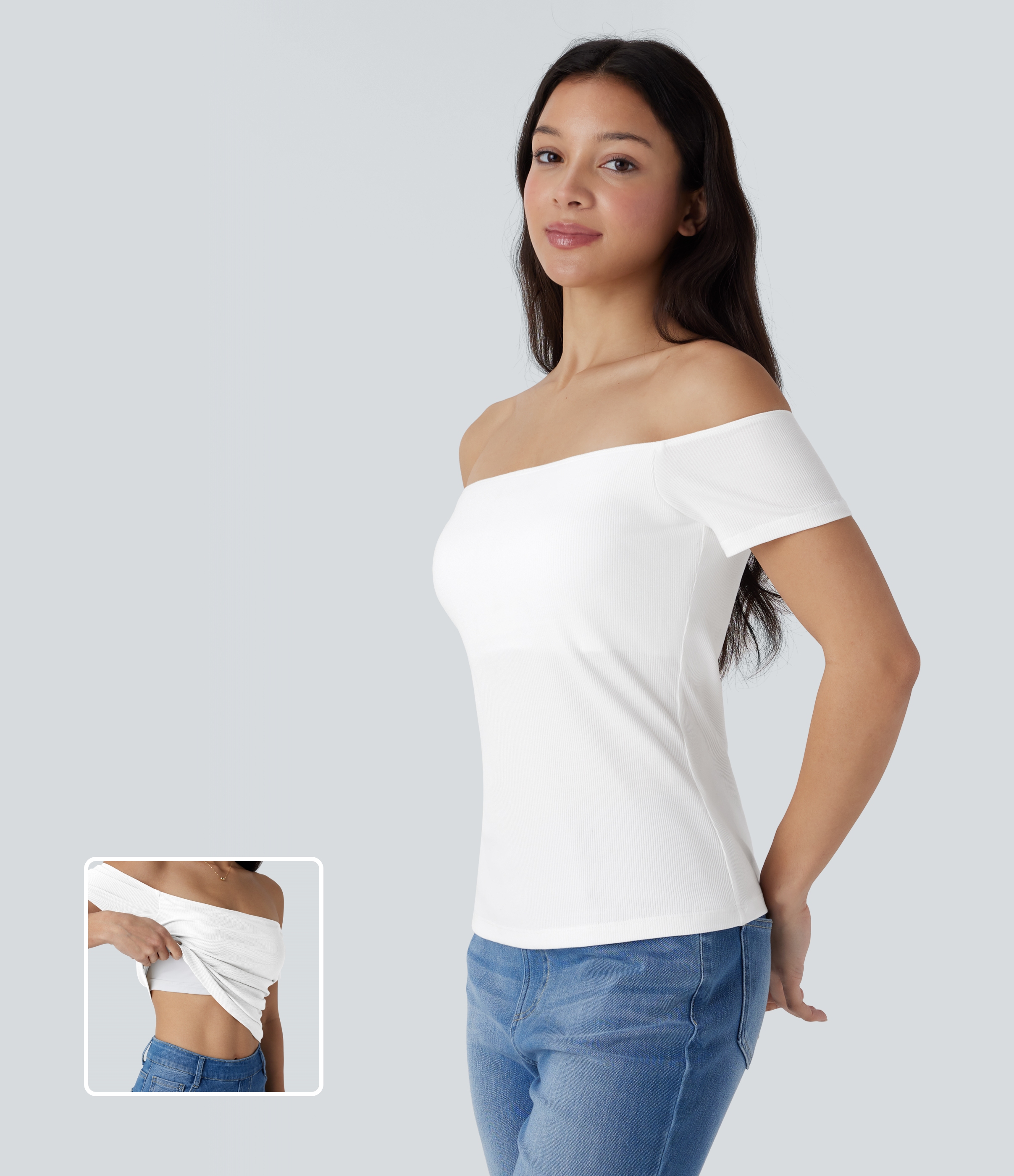 Top informal 2 en 1 de punto acanalado con hombros descubiertos de manga corta y espalda descubierta