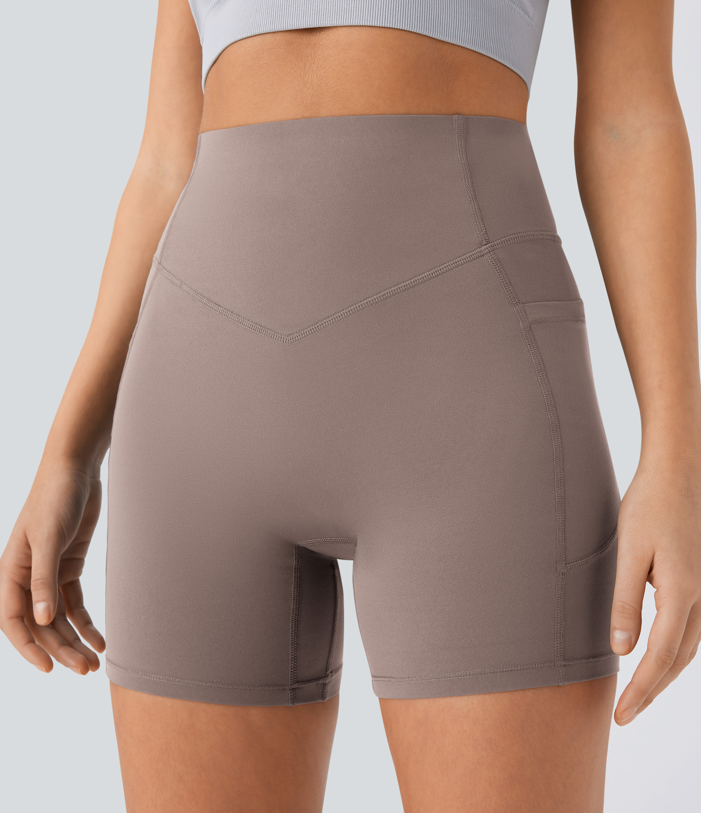 Halara SoCinched High Waisted Scrunch Butt Lifting Tummy Control Side Pocket Shaping Workout UltraSculpt Biker Shorts 5``  - Dawn Brown - S 