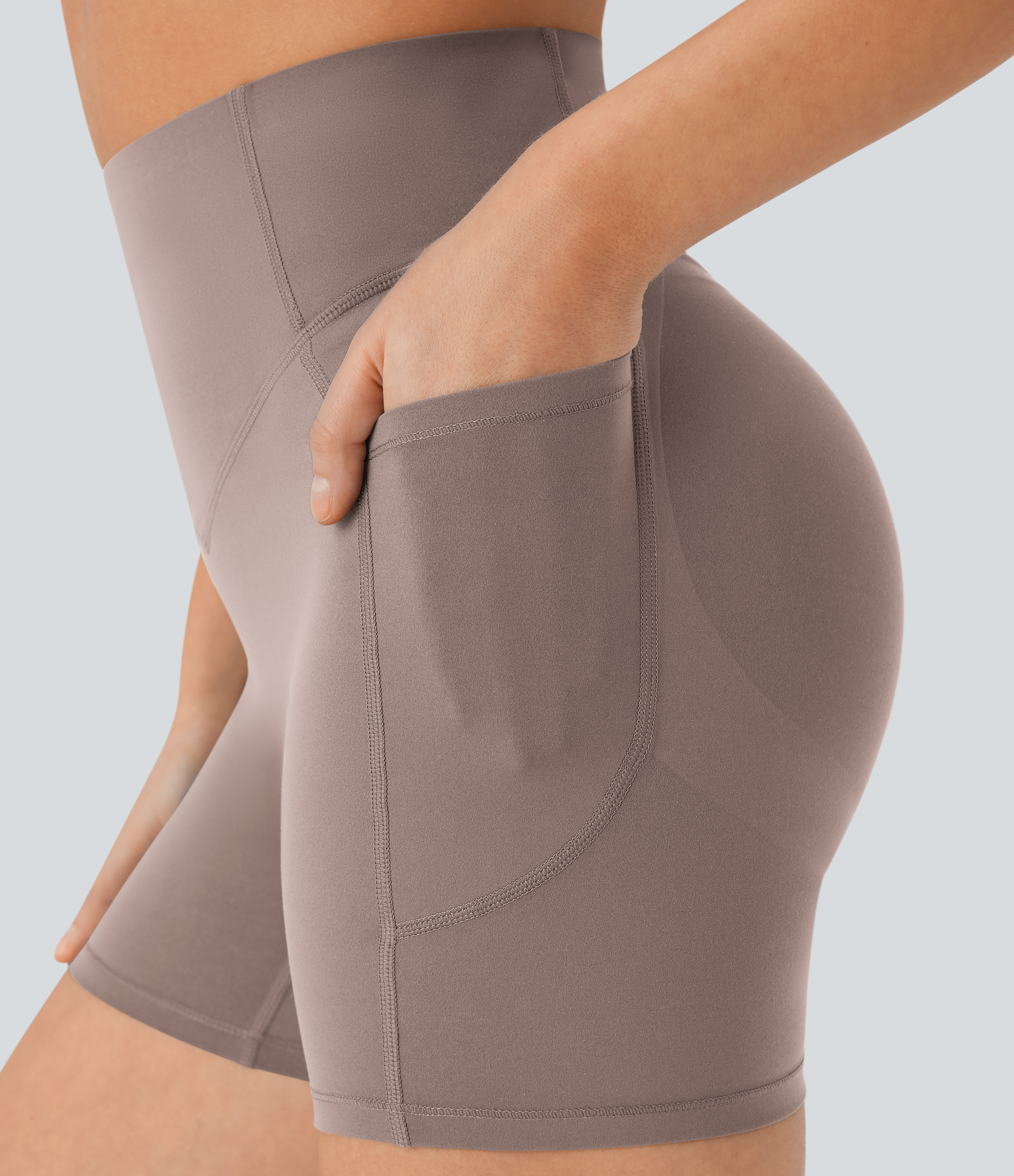 Halara SoCinched High Waisted Scrunch Butt Lifting Tummy Control Side Pocket Shaping Workout UltraSculpt Biker Shorts 5``  - Dawn Brown - S 