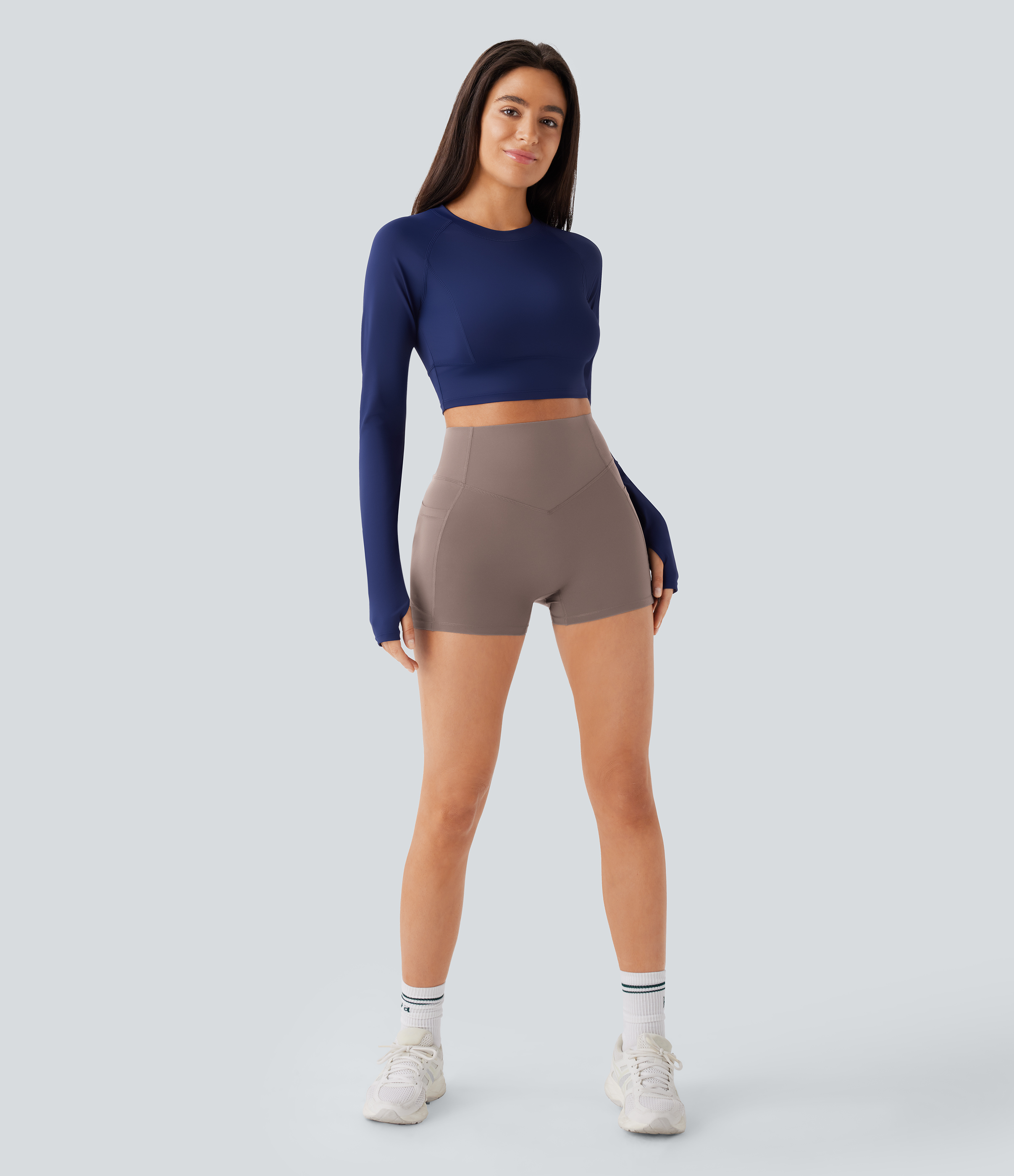 Halara SoCinched High Waisted Scrunch Butt Lifting Tummy Control Side Pocket Shaping Workout UltraSculpt Biker Shorts 3``  - Dawn Brown - XS 