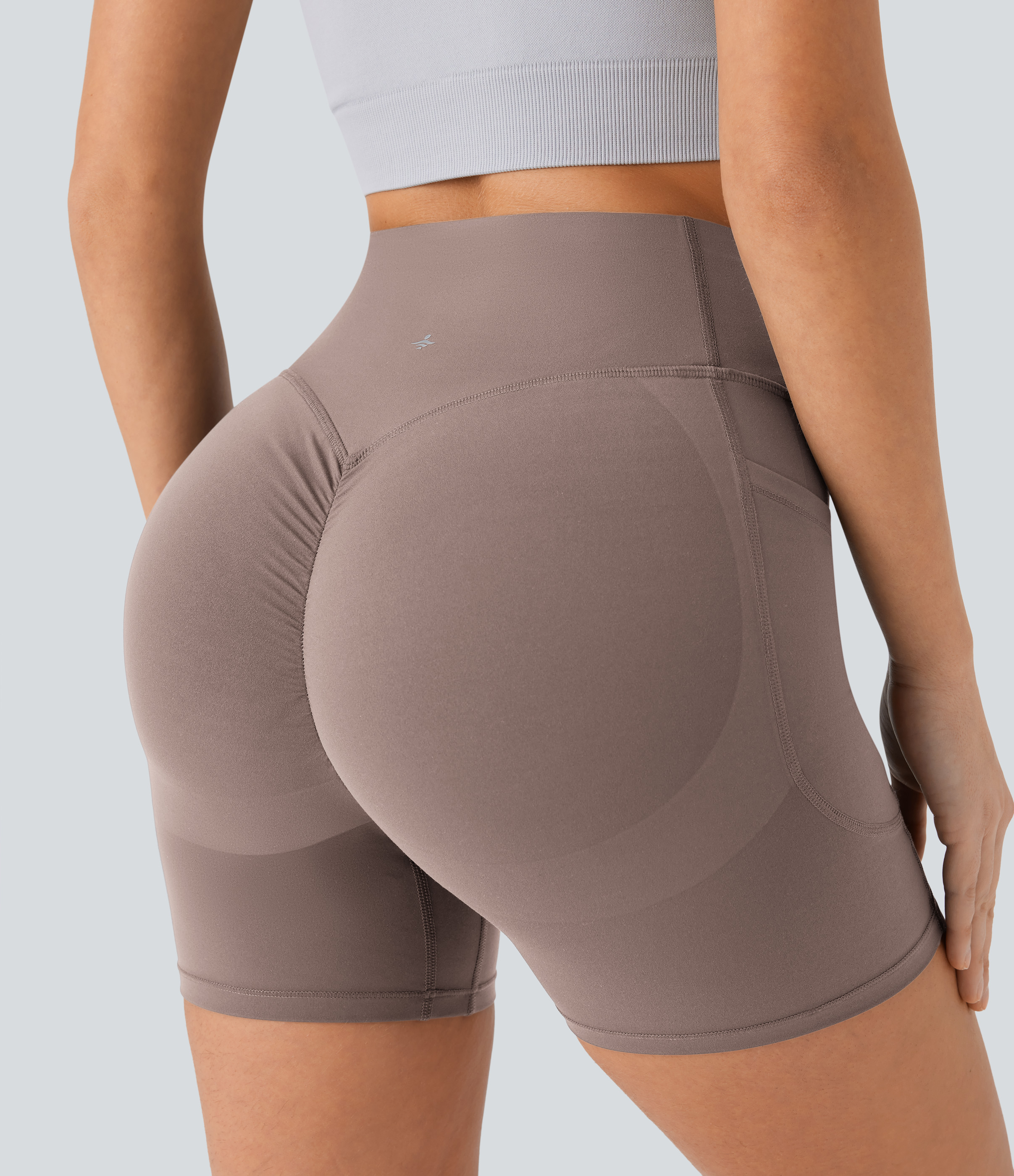 Halara SoCinched High Waisted Scrunch Butt Lifting Tummy Control Side Pocket Shaping Workout UltraSculpt Biker Shorts 5``  - Dawn Brown - S 