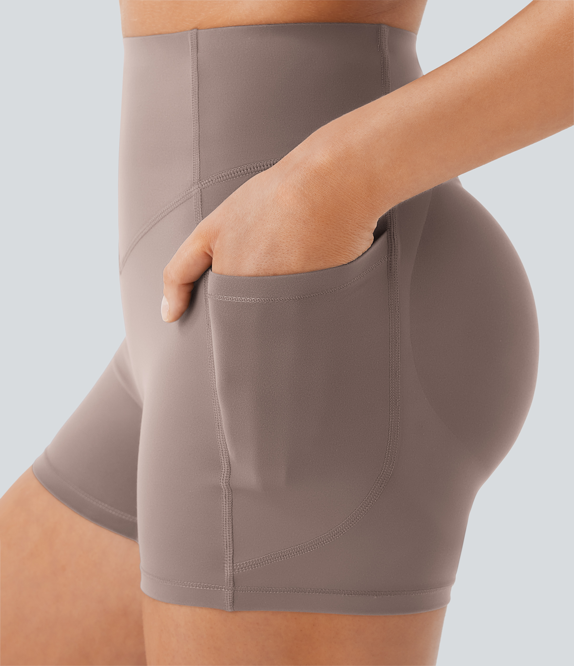 Halara SoCinched High Waisted Scrunch Butt Lifting Tummy Control Side Pocket Shaping Workout UltraSculpt Biker Shorts 3``  - Dawn Brown - XS 