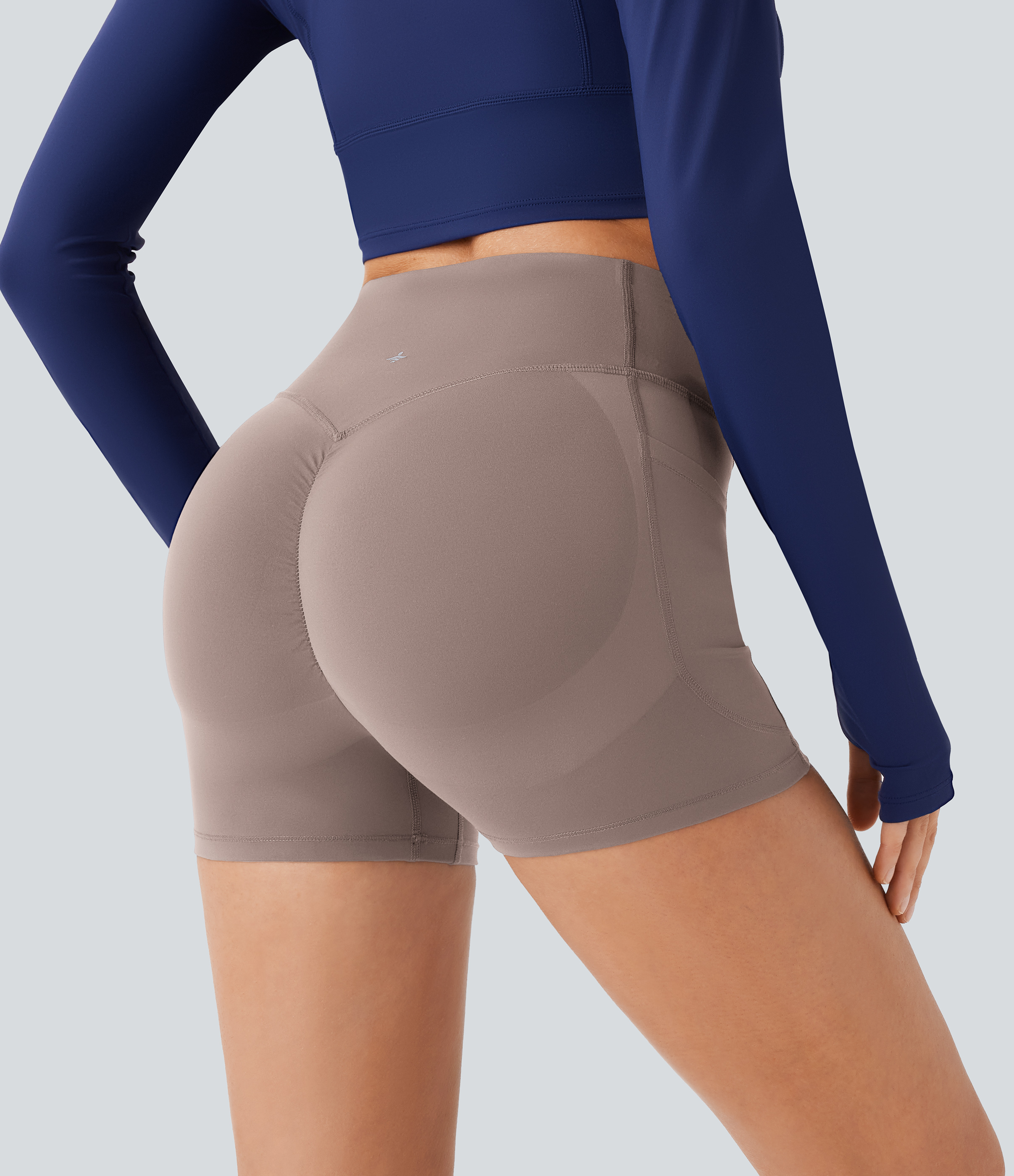 Halara SoCinched High Waisted Scrunch Butt Lifting Tummy Control Side Pocket Shaping Workout UltraSculpt Biker Shorts 3``  - Dawn Brown - XS 