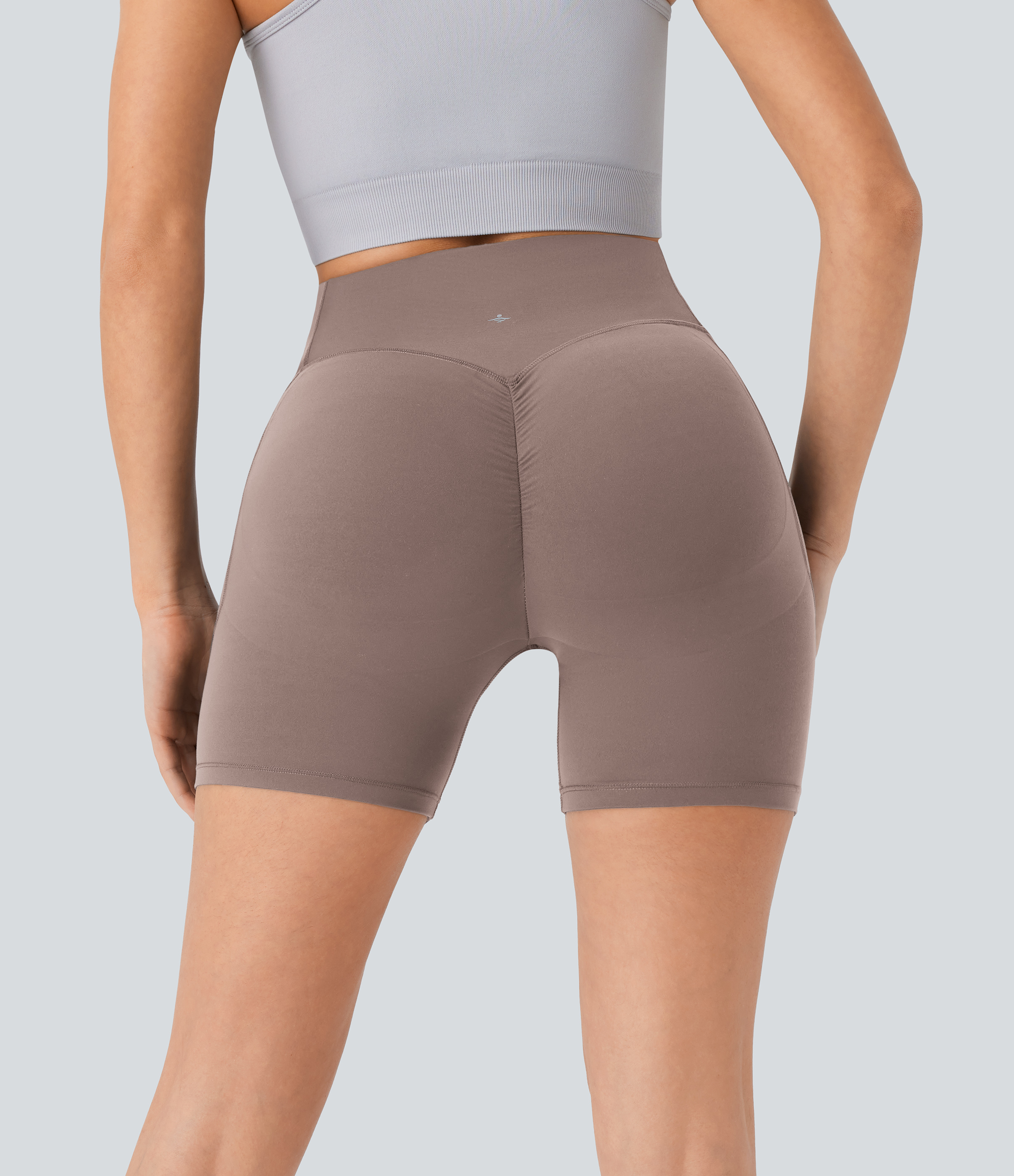 Halara SoCinched High Waisted Scrunch Butt Lifting Tummy Control Side Pocket Shaping Workout UltraSculpt Biker Shorts 5``  - Dawn Brown - S 