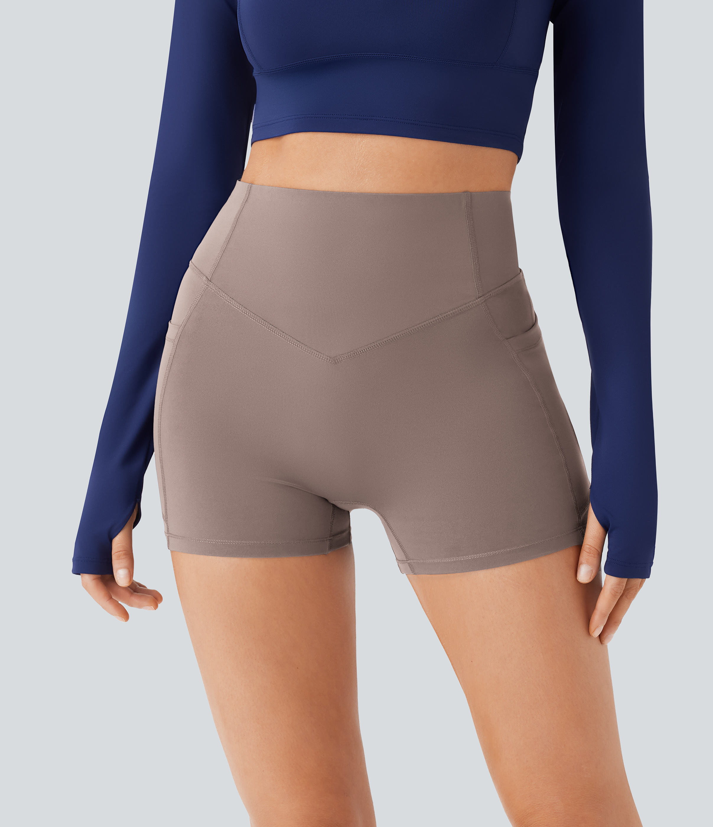 Halara SoCinched High Waisted Scrunch Butt Lifting Tummy Control Side Pocket Shaping Workout UltraSculpt Biker Shorts 3``  - Dawn Brown - XS 