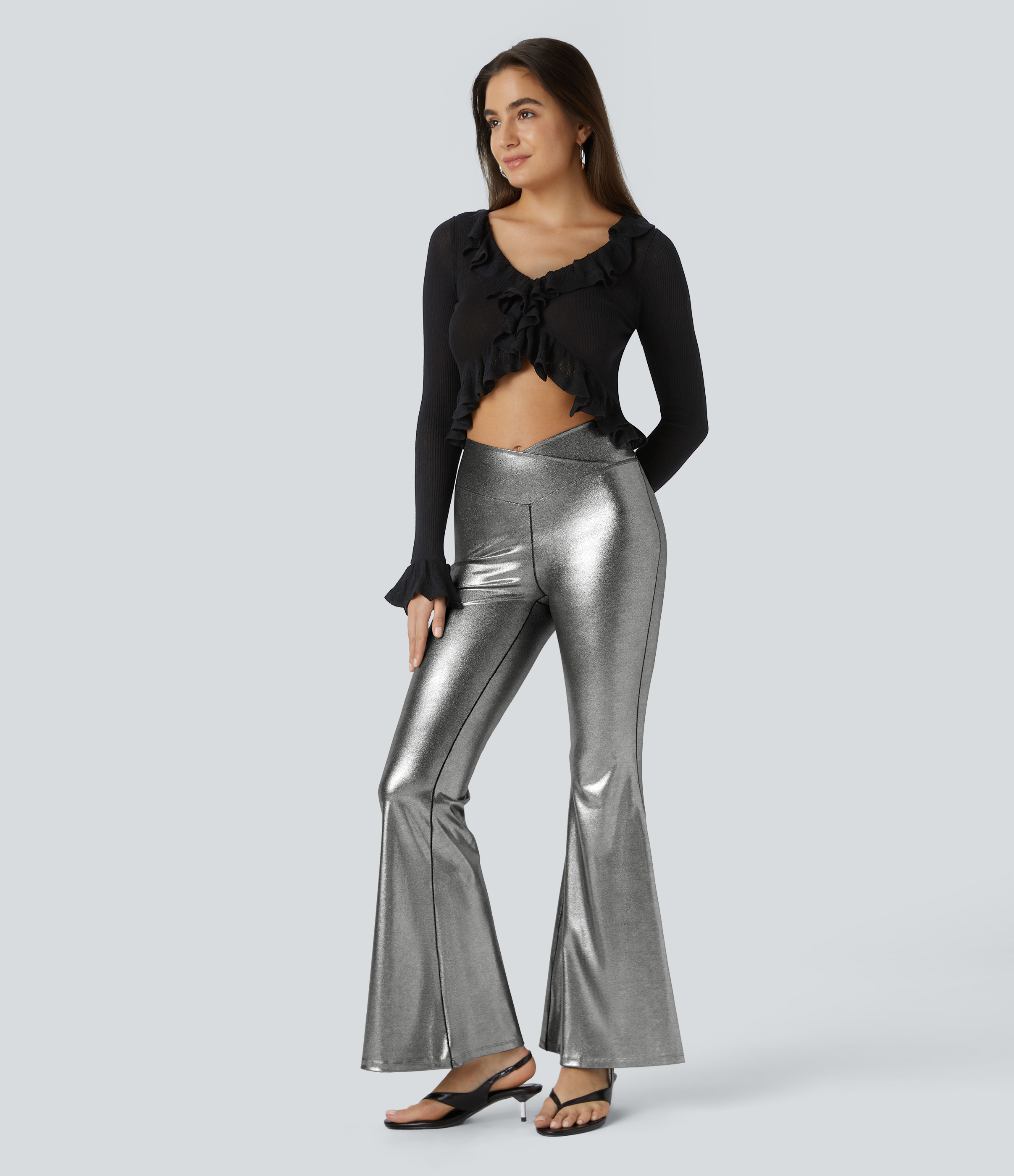 Halara Softlyzeroв„ў Faux Leather Crossover High Waisted Back Pocket Full Length Metallic Foil Print Stretchy Party Flare Leggings  - Shiny Black Silver - M(regular) 