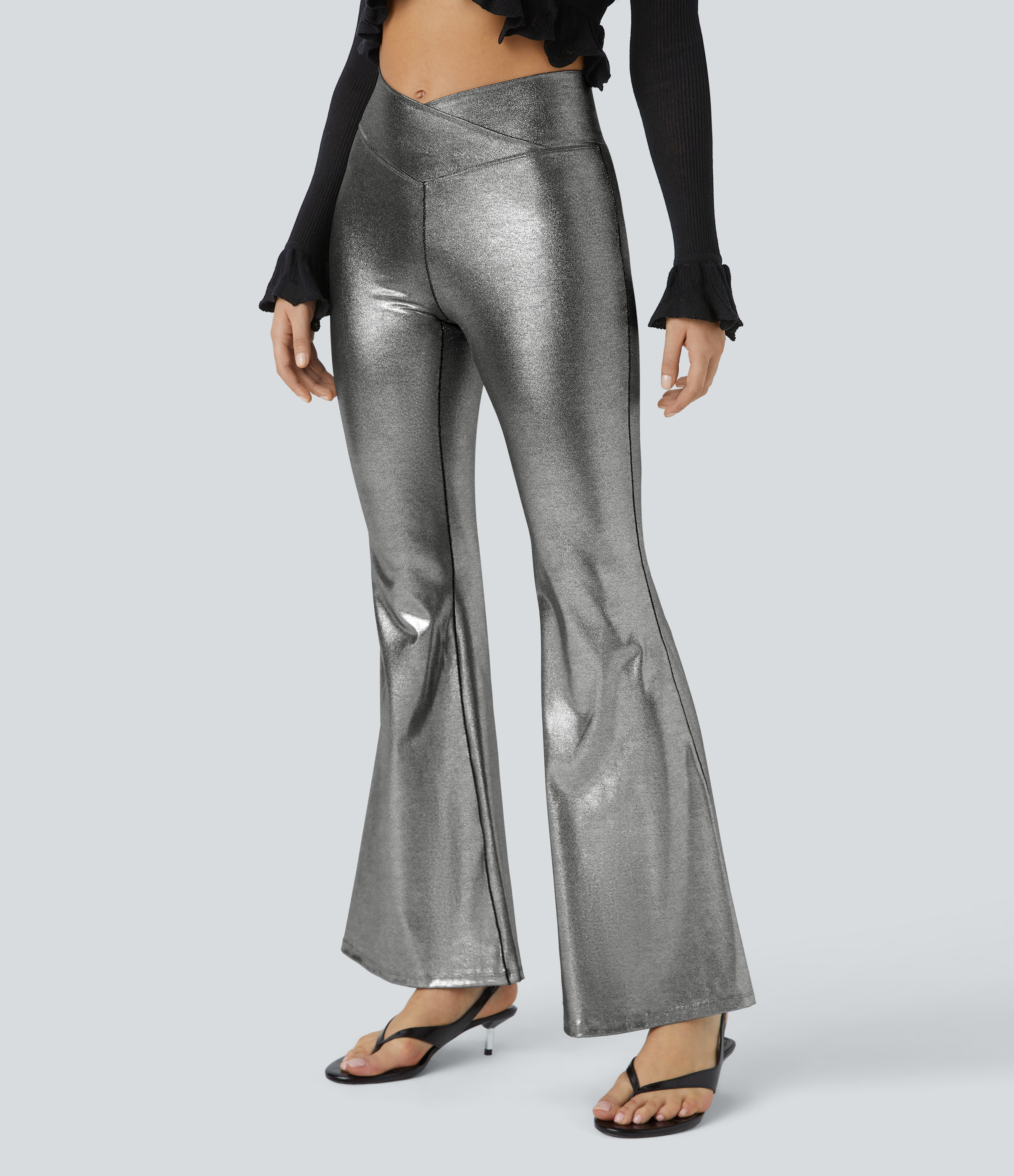 Halara Softlyzeroв„ў Faux Leather Crossover High Waisted Back Pocket Full Length Metallic Foil Print Stretchy Party Flare Leggings  - Shiny Black Silver - M(regular) 