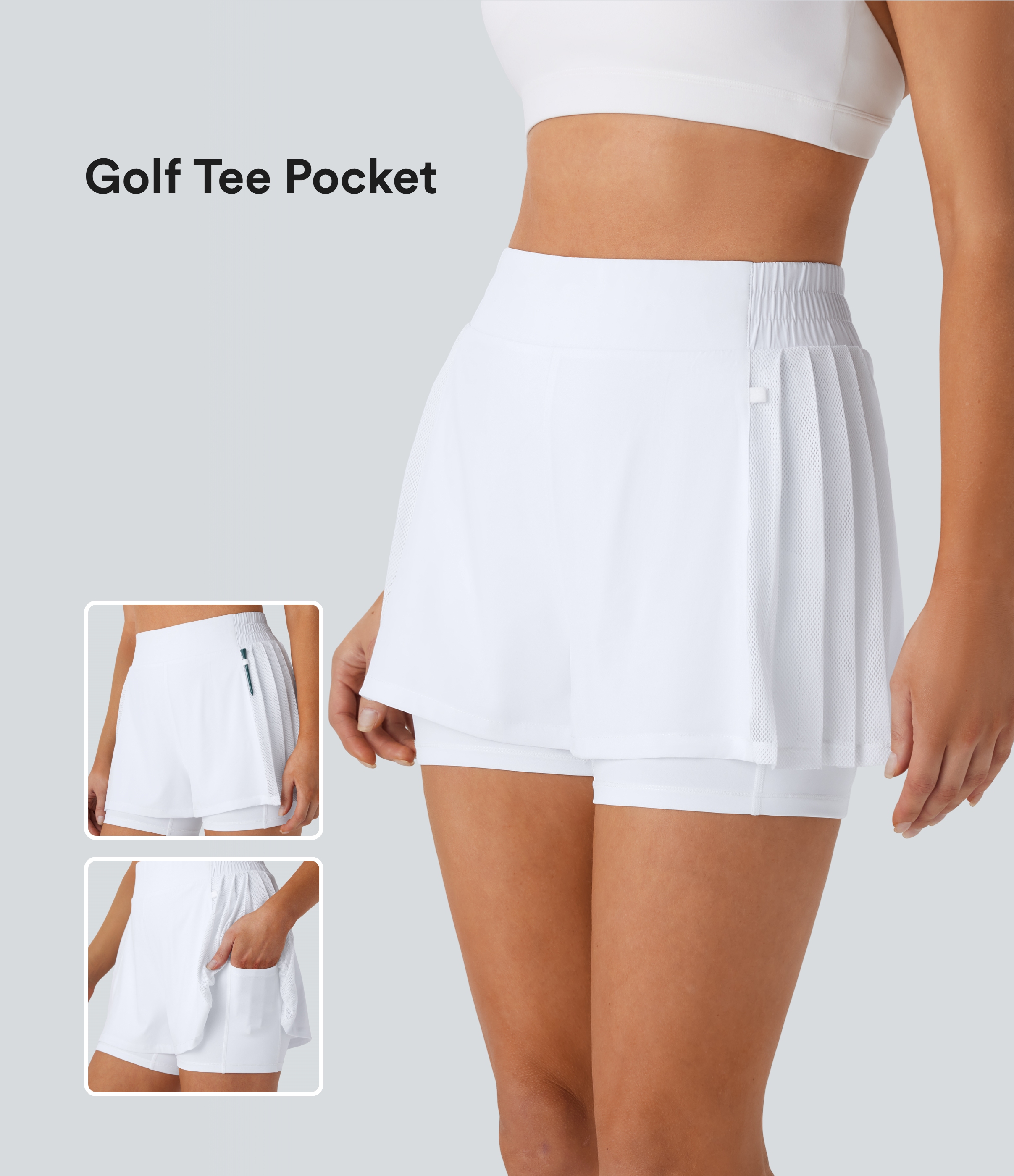 Breezeful™ High Waisted Contrast Mesh Pleated 2-in-1 Quick Dry Golf Shorts with Multiple Pockets-Golf Tee