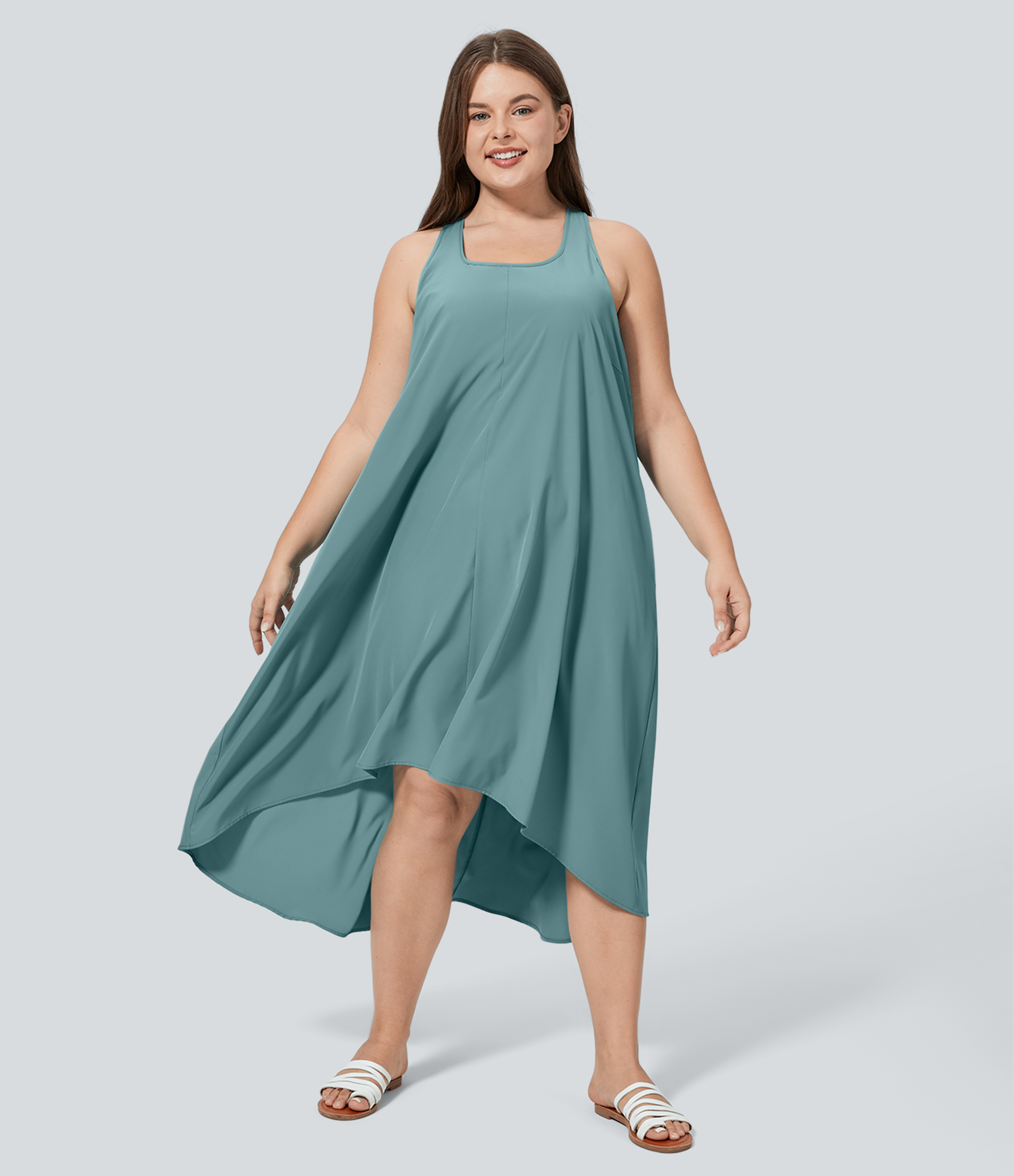 Breezeful™ Backless Racerback Side Pocket High Low Flowy Midi Quick Dry Casual Plus Size Dress
