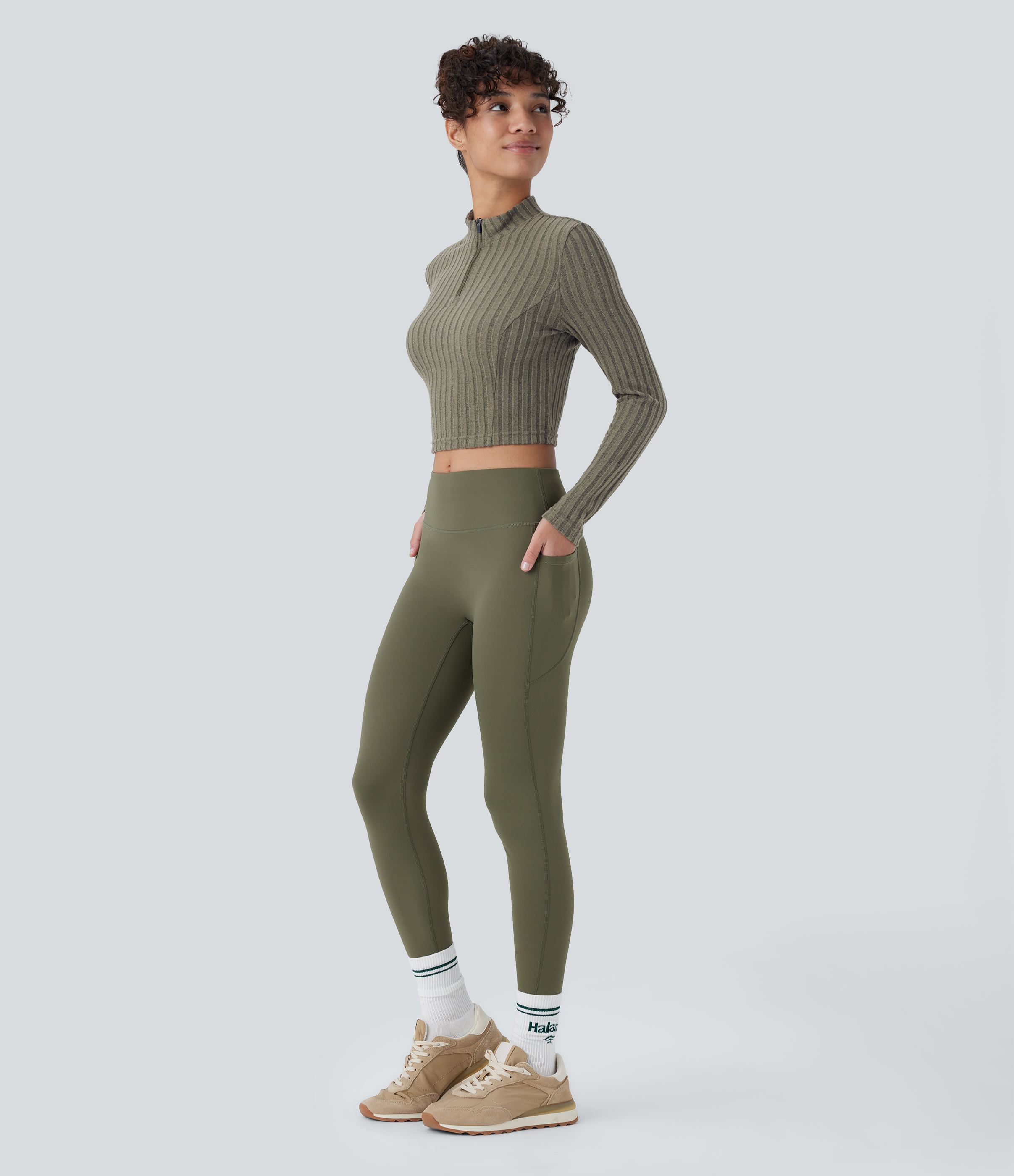 Halara Ribbed Knit Stand Collar Half Zip Long Sleeve Cropped Casual Top Tank Top - Moss Green Floral Velvet - S golf tops halter top 