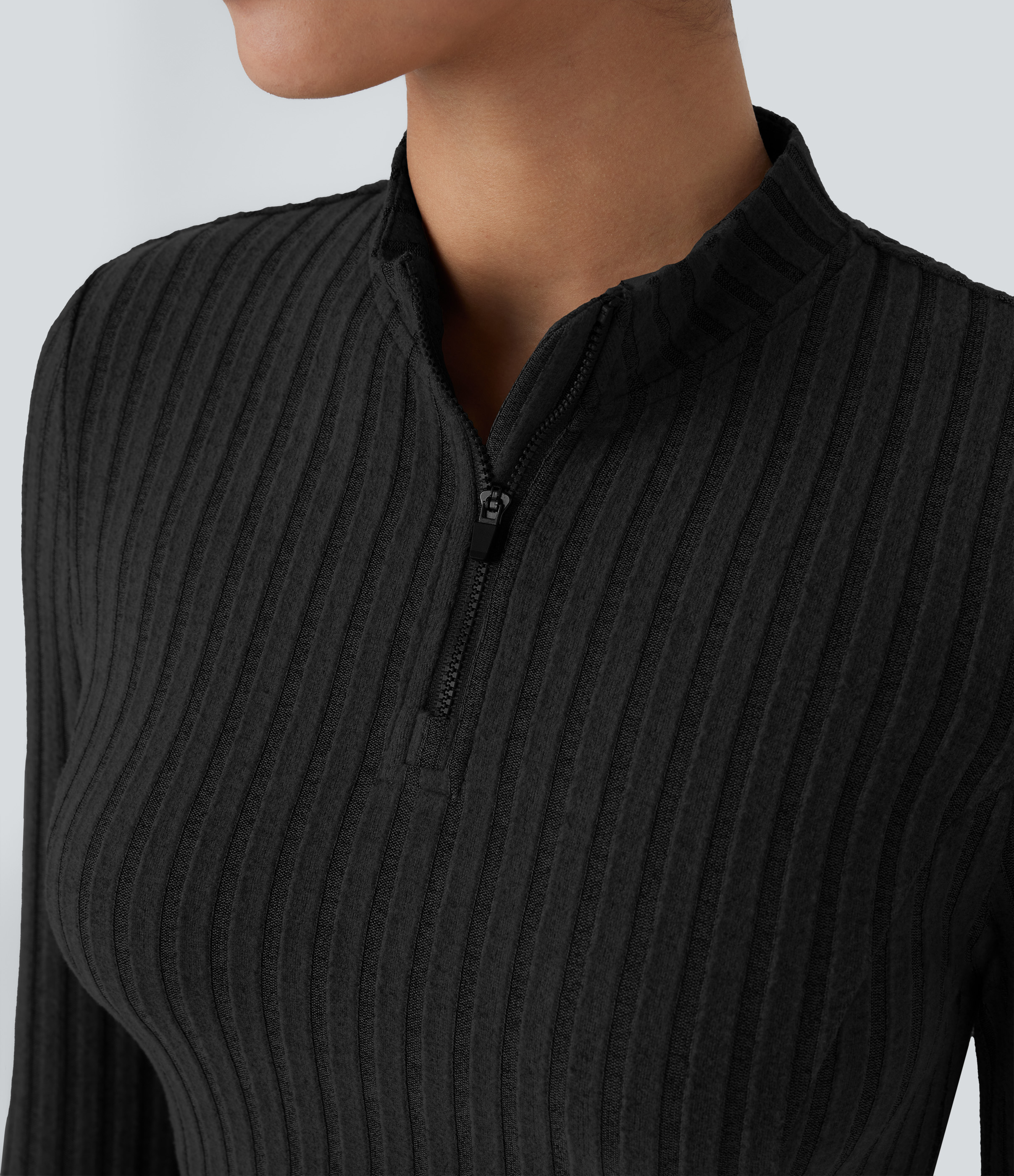 Halara Ribbed Knit Stand Collar Half Zip Long Sleeve Cropped Casual Top Tank Top - Black - S golf tops halter top tunic tops sleeveless tops 