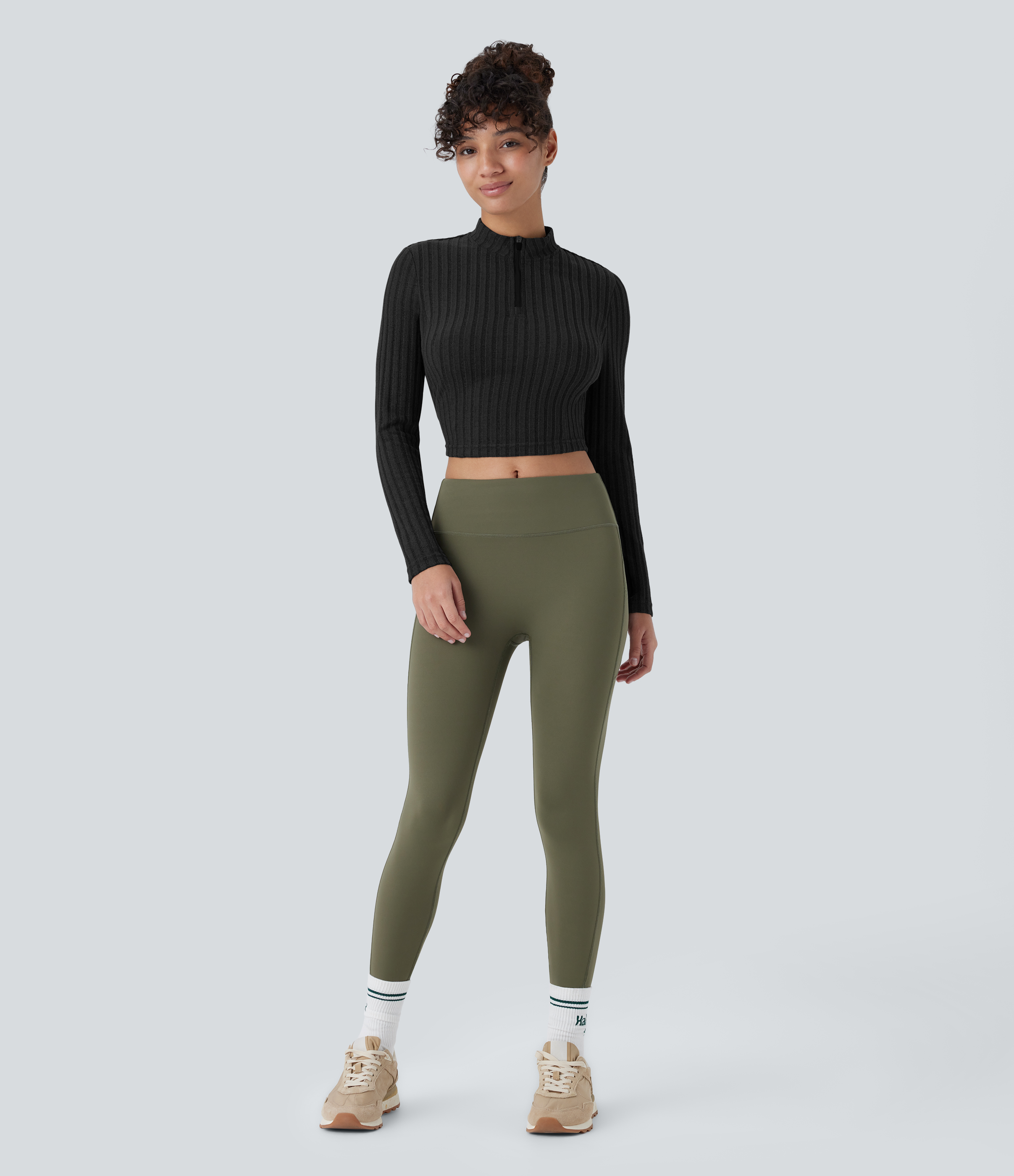 Halara Ribbed Knit Stand Collar Half Zip Long Sleeve Cropped Casual Top Tank Top - Black - S golf tops halter top tunic tops sleeveless tops 