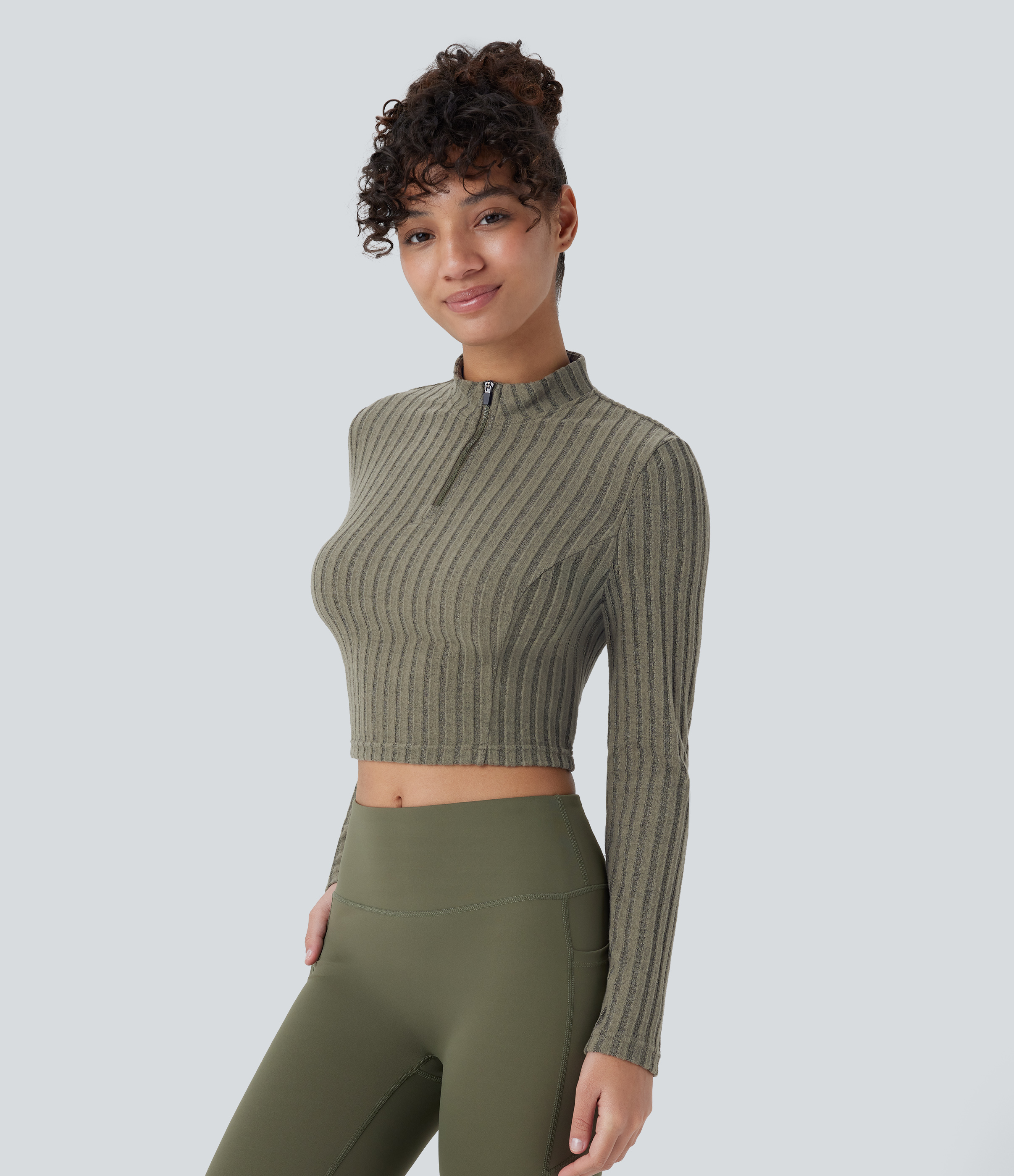 Halara Ribbed Knit Stand Collar Half Zip Long Sleeve Cropped Casual Top Tank Top - Moss Green Floral Velvet - S golf tops halter top 