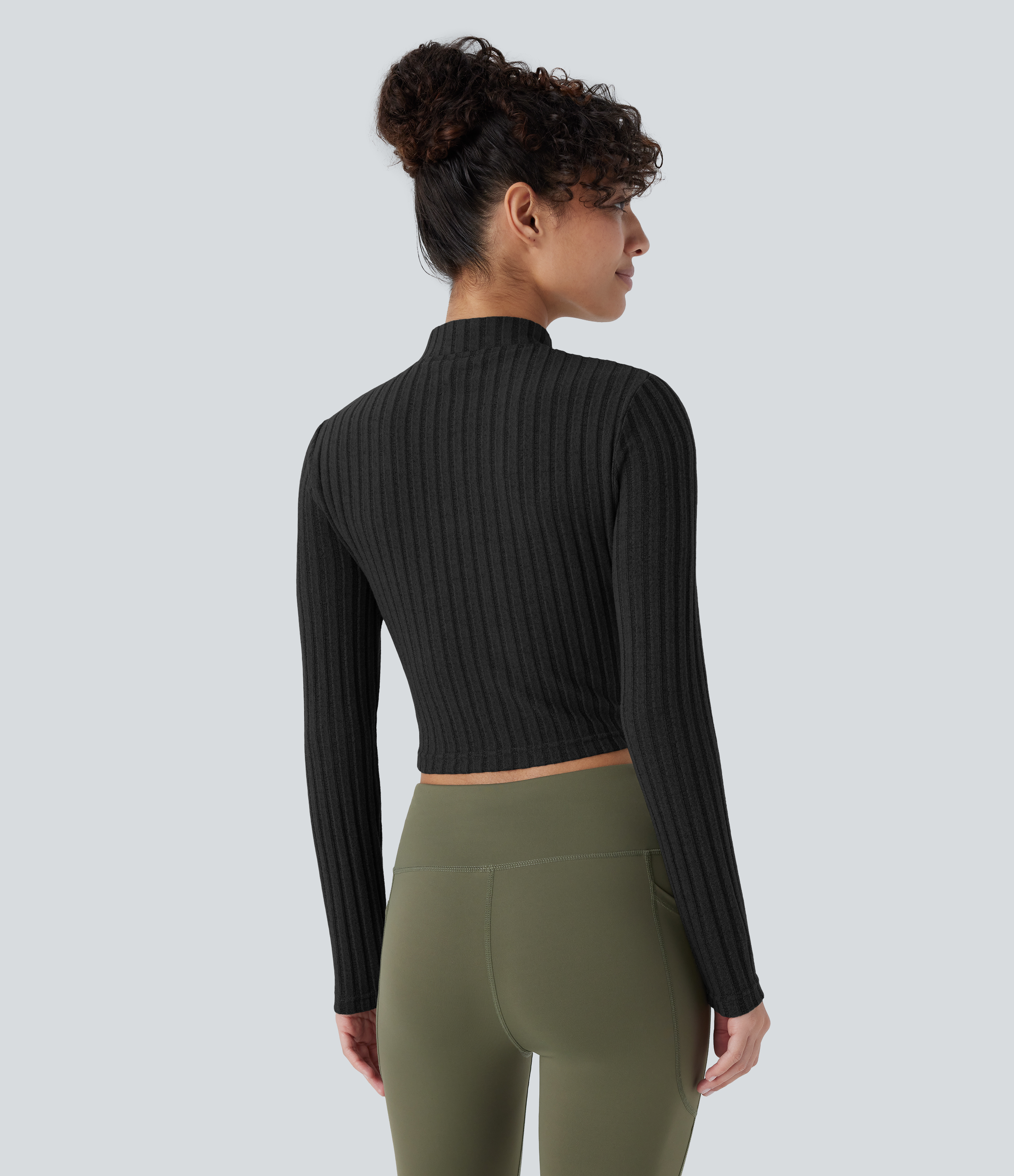 Halara Ribbed Knit Stand Collar Half Zip Long Sleeve Cropped Casual Top Tank Top - Black - S golf tops halter top tunic tops sleeveless tops 