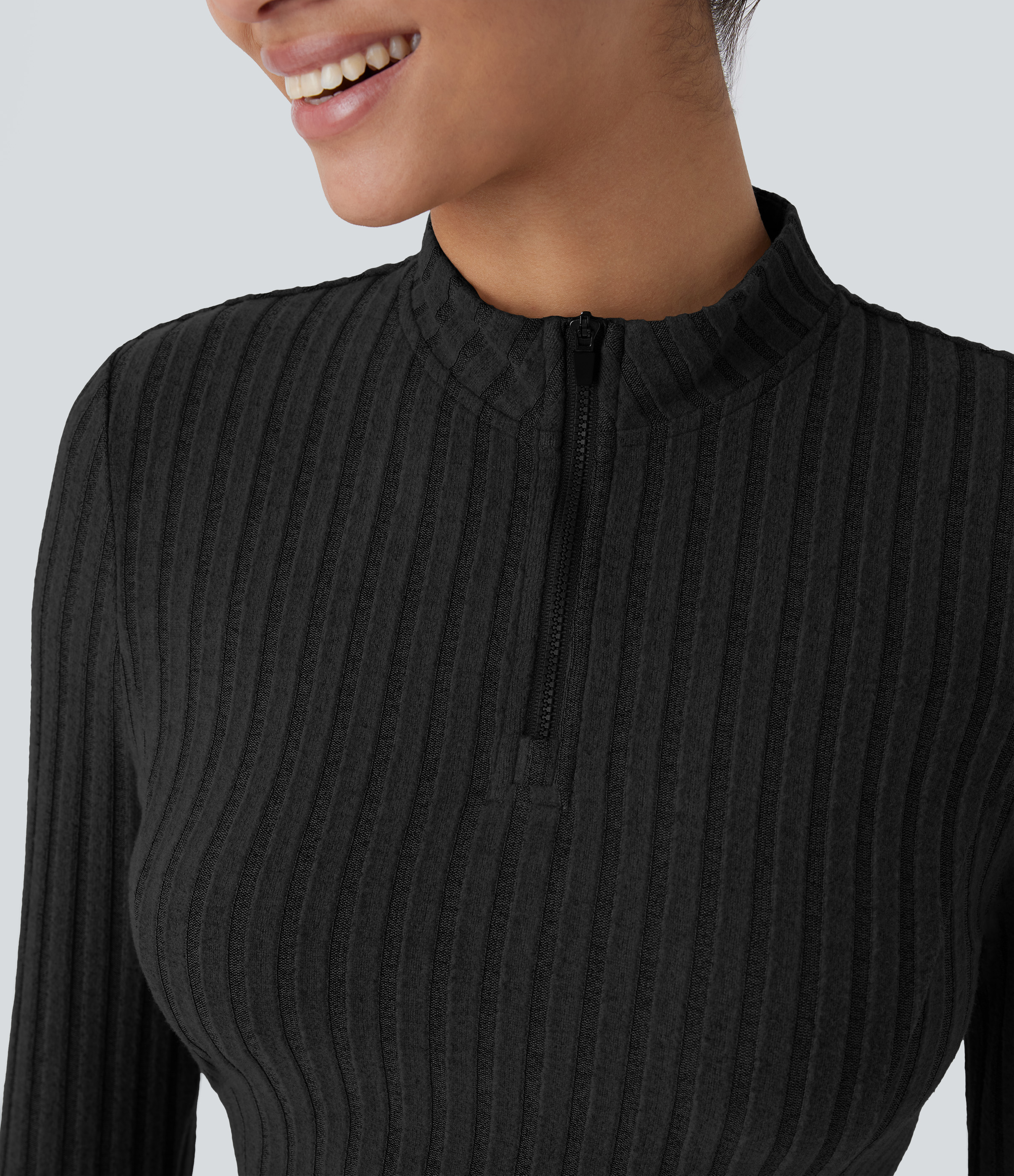 Halara Ribbed Knit Stand Collar Half Zip Long Sleeve Cropped Casual Top Tank Top - Black - S golf tops halter top tunic tops sleeveless tops 