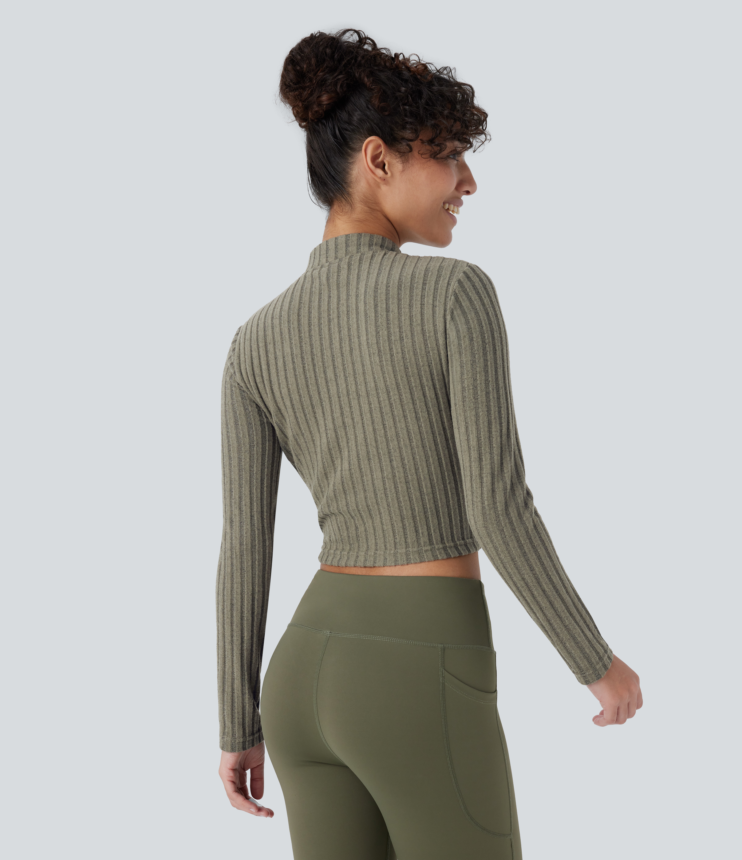 Halara Ribbed Knit Stand Collar Half Zip Long Sleeve Cropped Casual Top Tank Top - Moss Green Floral Velvet - S golf tops halter top 