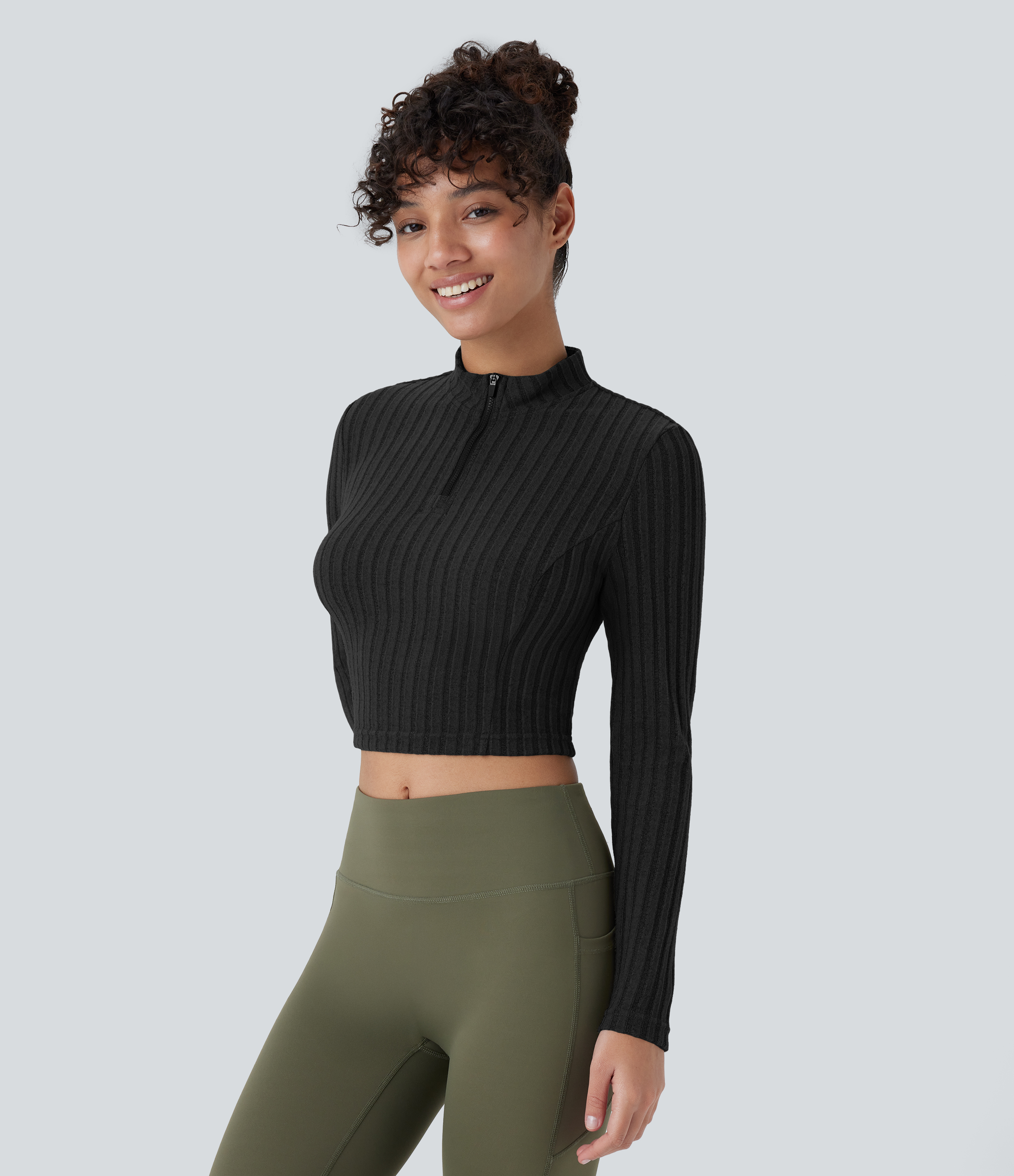 Halara Ribbed Knit Stand Collar Half Zip Long Sleeve Cropped Casual Top Tank Top - Black - S golf tops halter top tunic tops sleeveless tops 