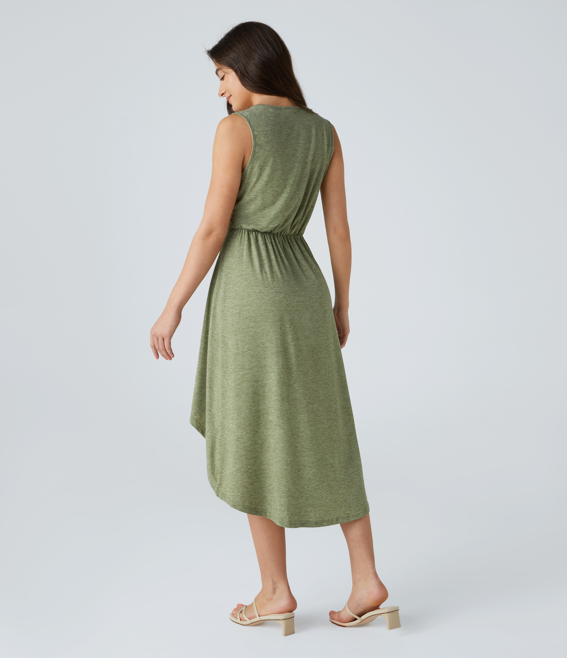 Light Green Floral Yarn Ärmelloses, plissiertes Flowy-Midi-Freizeitkleid mit tiefem V-Ausschnitt und überkreuztem Saum / 2