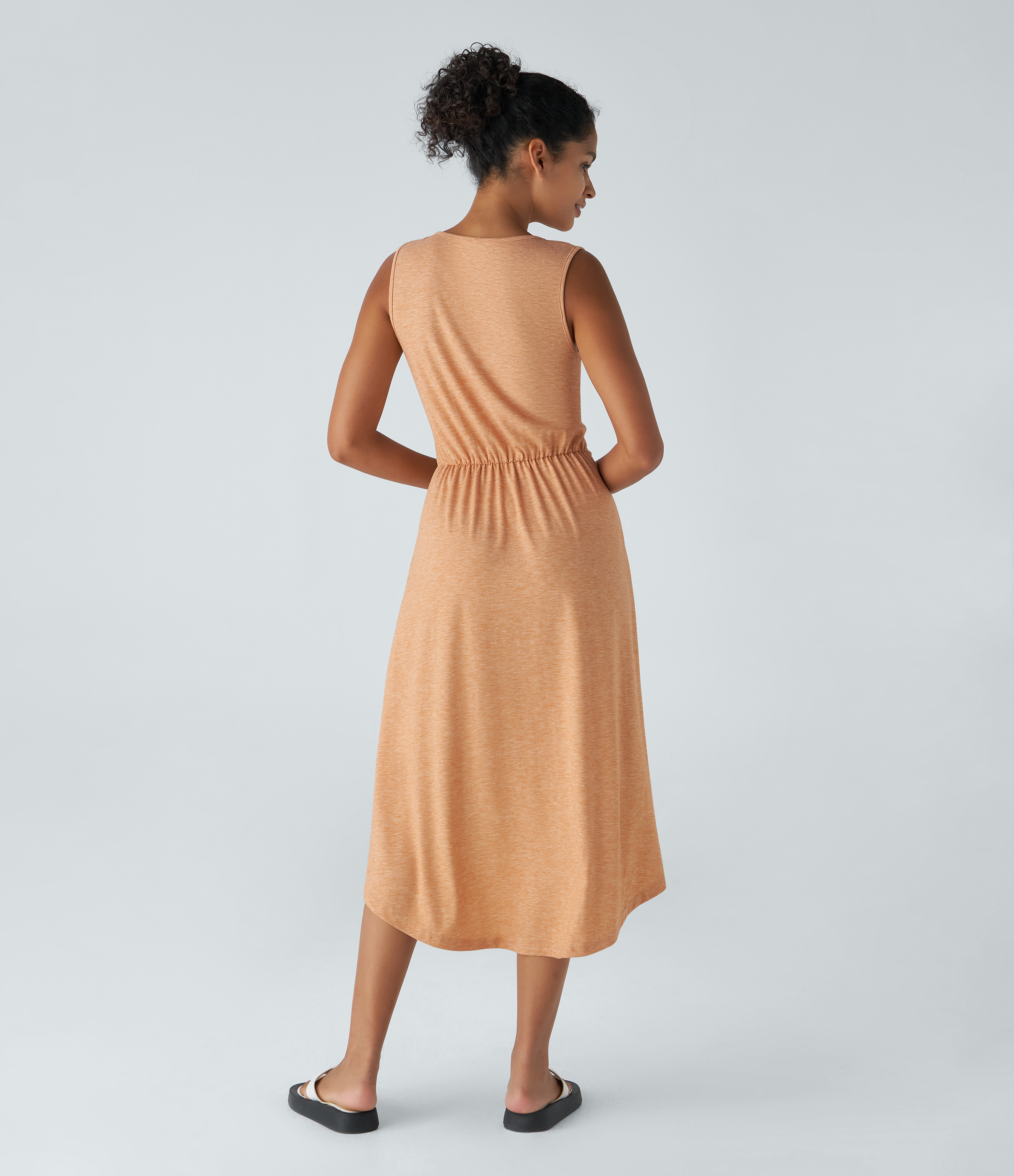 Halara Deep V Neck Sleeveless Plicated High Low Crossover Hem Flowy Midi Casual Dress Casual Dress - Pumpkin Orange Floral Yarn - M 