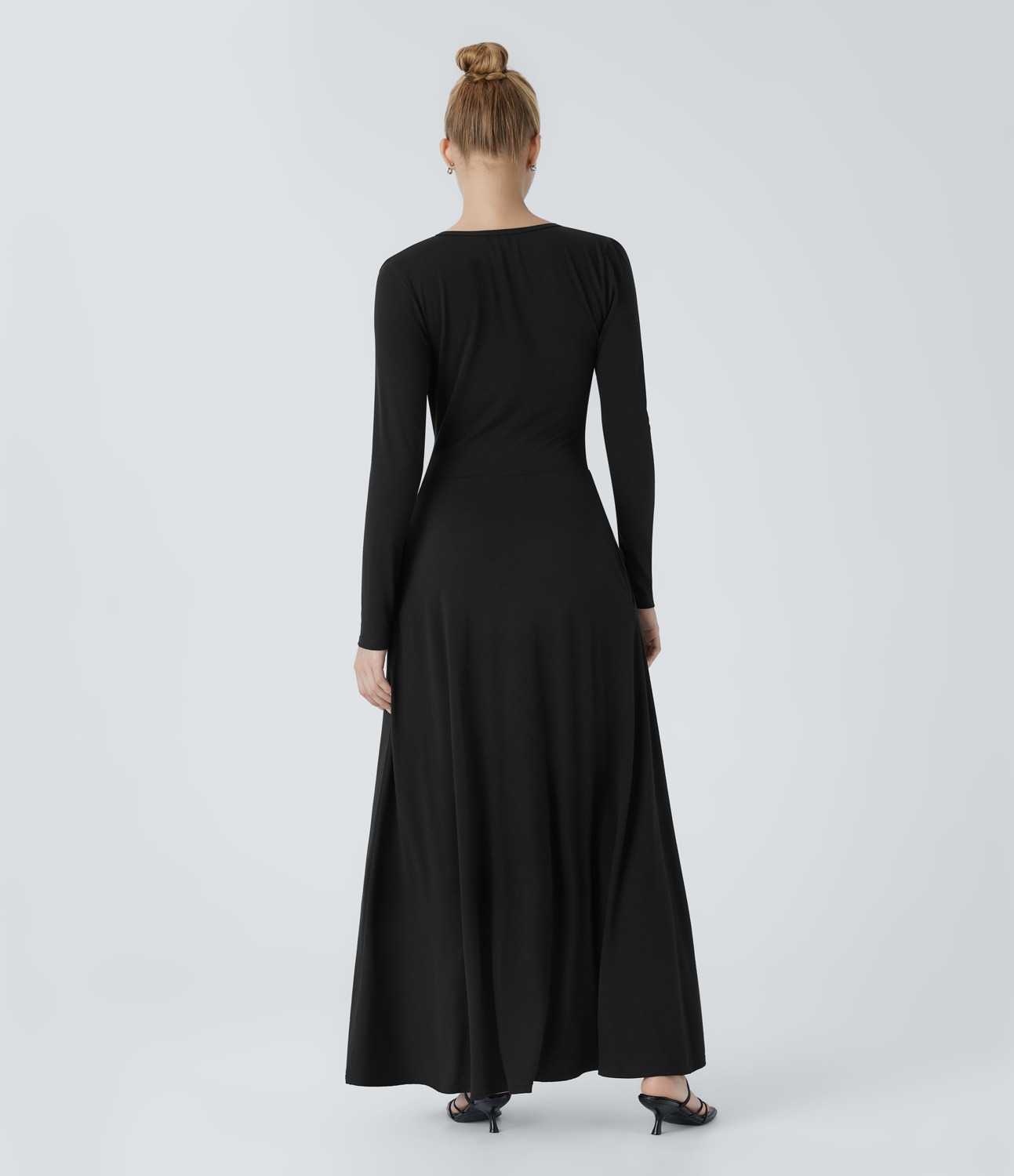 Halara Asymmetric Neck Long Sleeve Plicated Side Pocket Flowy Maxi Casual Dress Casual Dress - Black - M slip dress beach dress ruched dress 