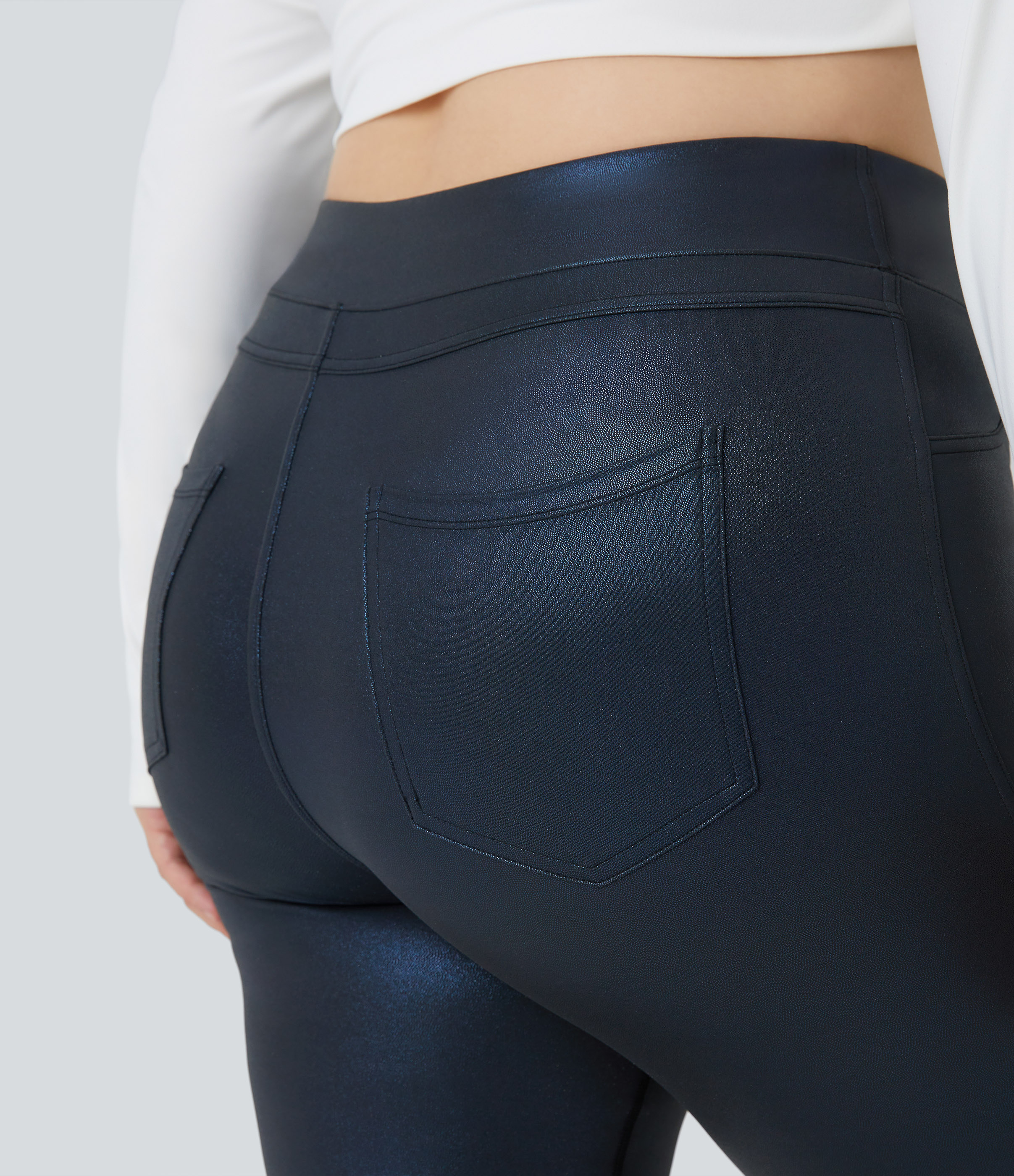 Halara Cloudfulв„ў Shine Fabric High Waisted Back Side Pocket 7/8 Work Plus Size Faux Leather Leggings  - Shiny Midnight Blue - 1X(7/8) 