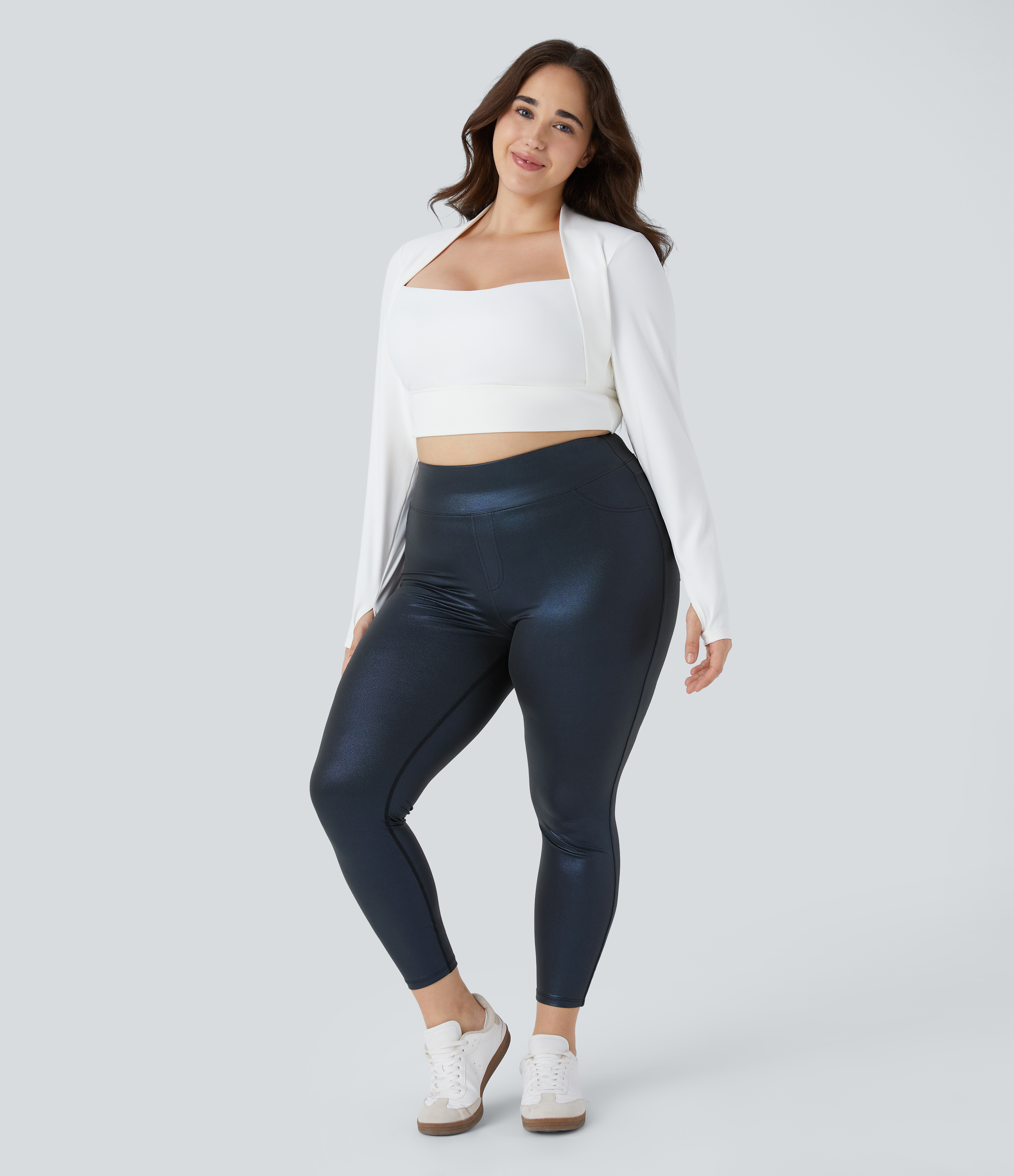 Halara Cloudfulв„ў Shine Fabric High Waisted Back Side Pocket 7/8 Work Plus Size Faux Leather Leggings  - Shiny Midnight Blue - 1X(7/8) 