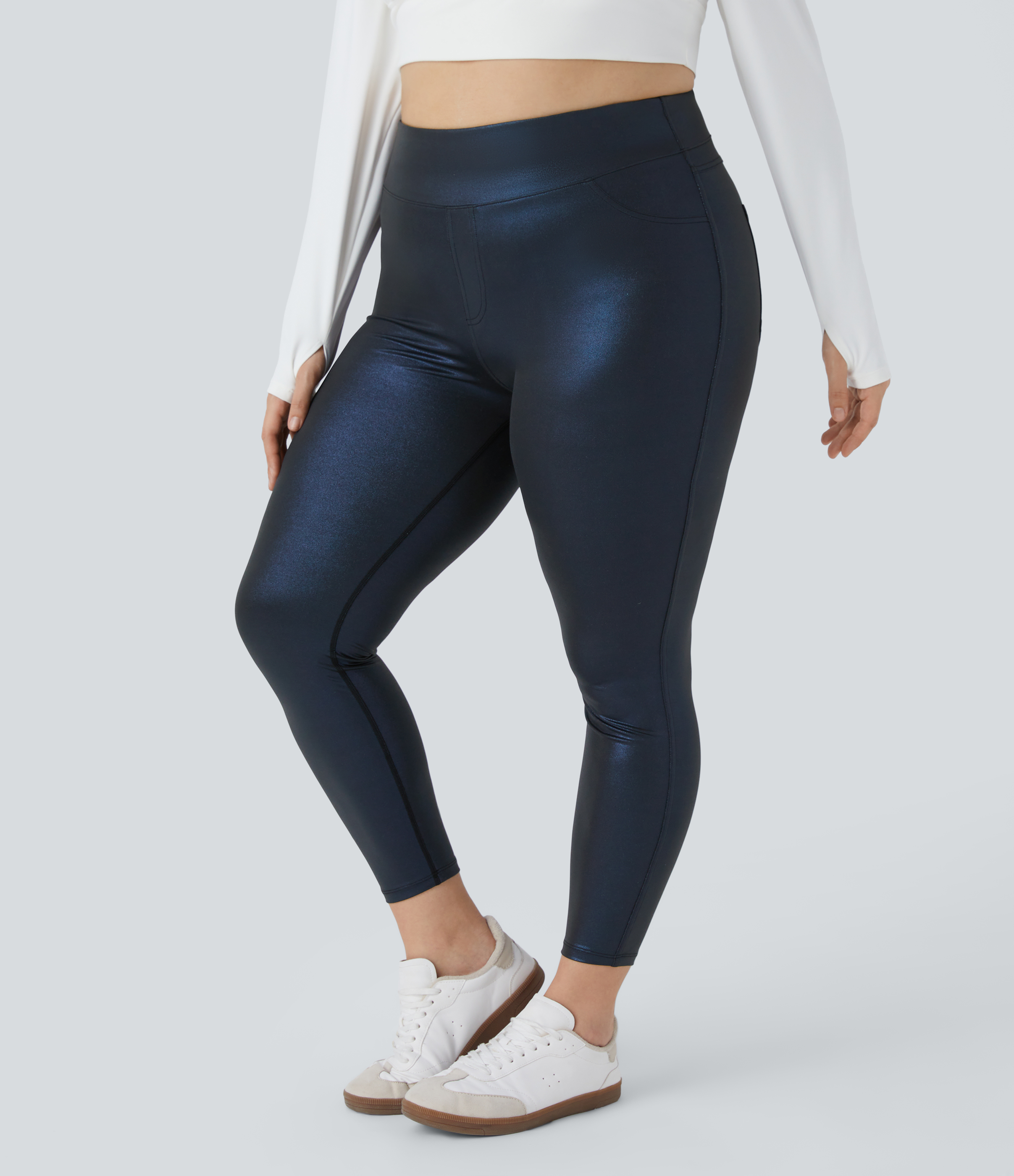 Halara Cloudfulв„ў Shine Fabric High Waisted Back Side Pocket 7/8 Work Plus Size Faux Leather Leggings  - Shiny Midnight Blue - 1X(7/8) 