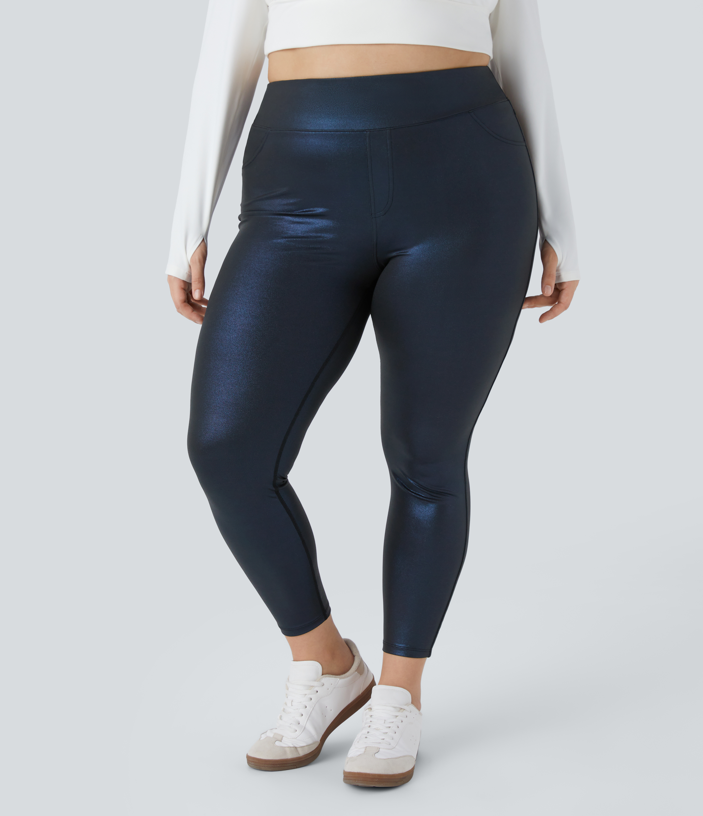 Halara Cloudfulв„ў Shine Fabric High Waisted Back Side Pocket 7/8 Work Plus Size Faux Leather Leggings  - Shiny Midnight Blue - 1X(7/8) 