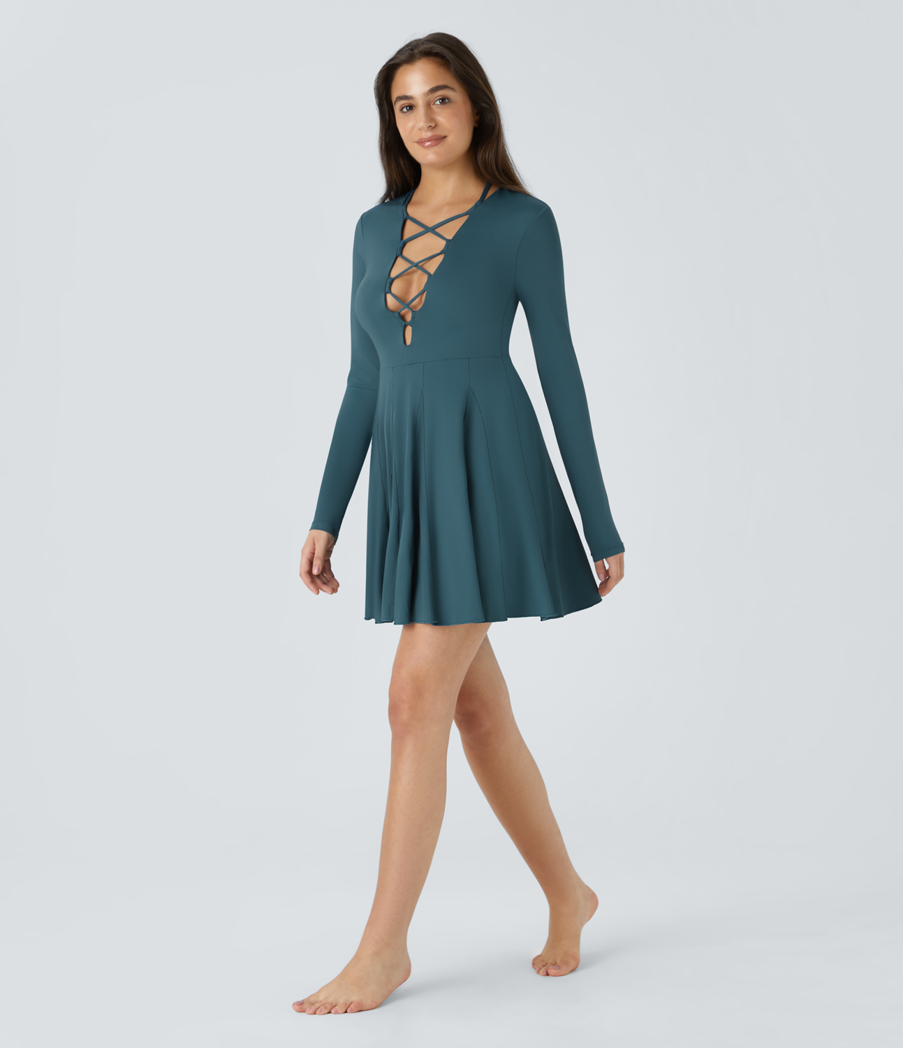 Halara Crisscross Lace Up Flare Mini Dance Active Dress Workout Dress - Dark Teal Blue - S 