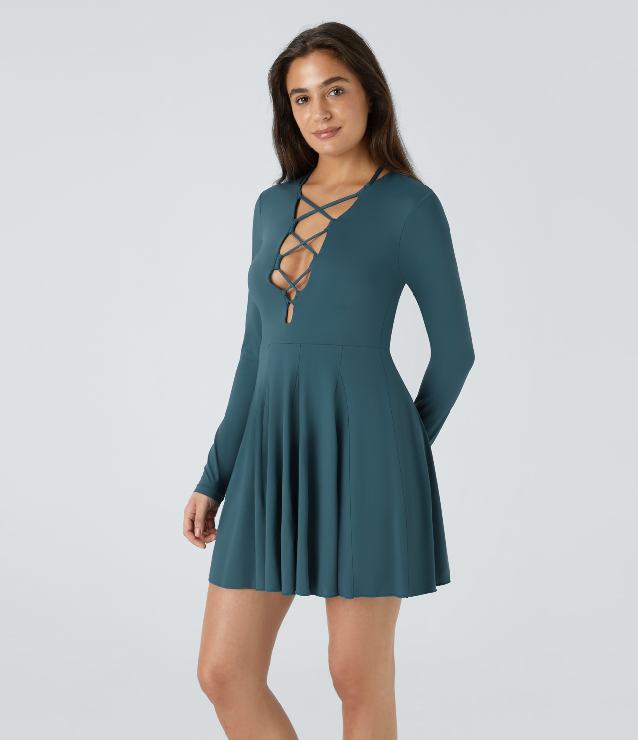 Halara Crisscross Lace Up Flare Mini Dance Active Dress Workout Dress - Dark Teal Blue - S 