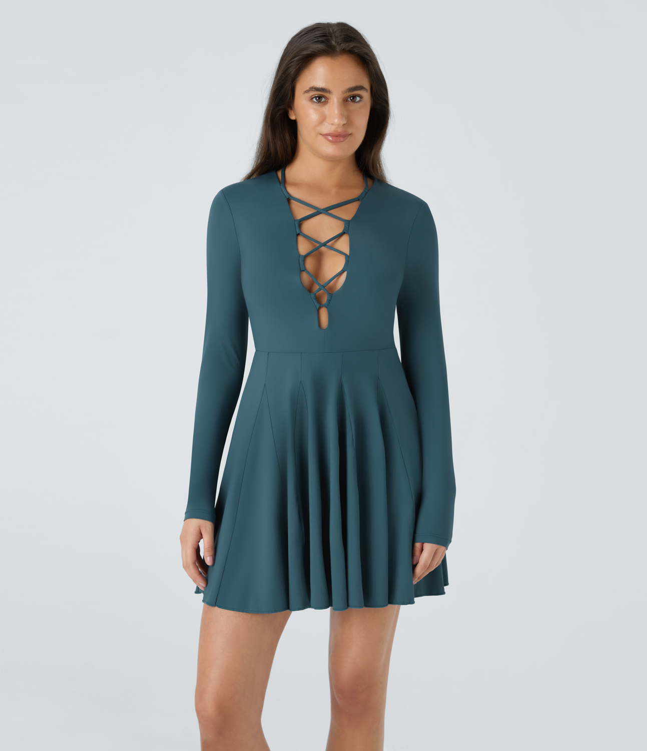Halara Crisscross Lace Up Flare Mini Dance Active Dress Workout Dress - Dark Teal Blue - S 