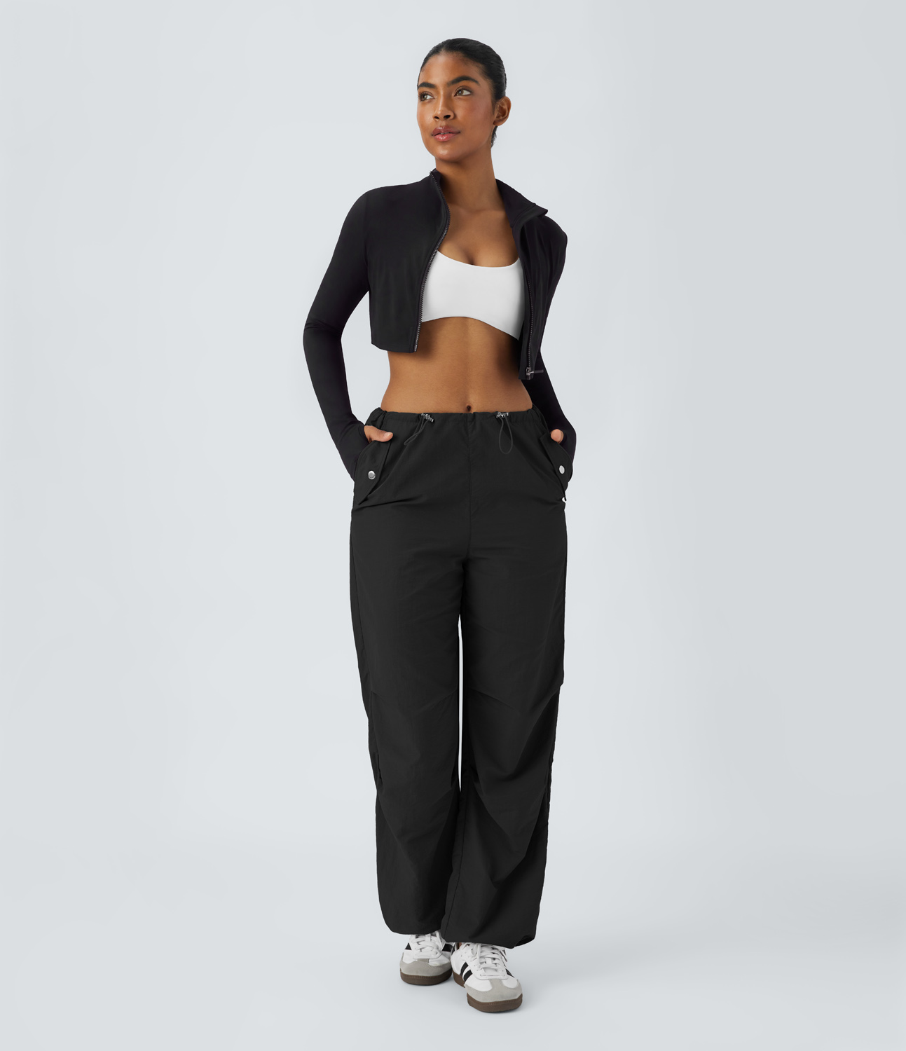 Halara High Waisted Adjustable Drawcord Side Pocket Casual Parachute Cargo Pants  - Black - L(regular) sweatpants jogger pants 